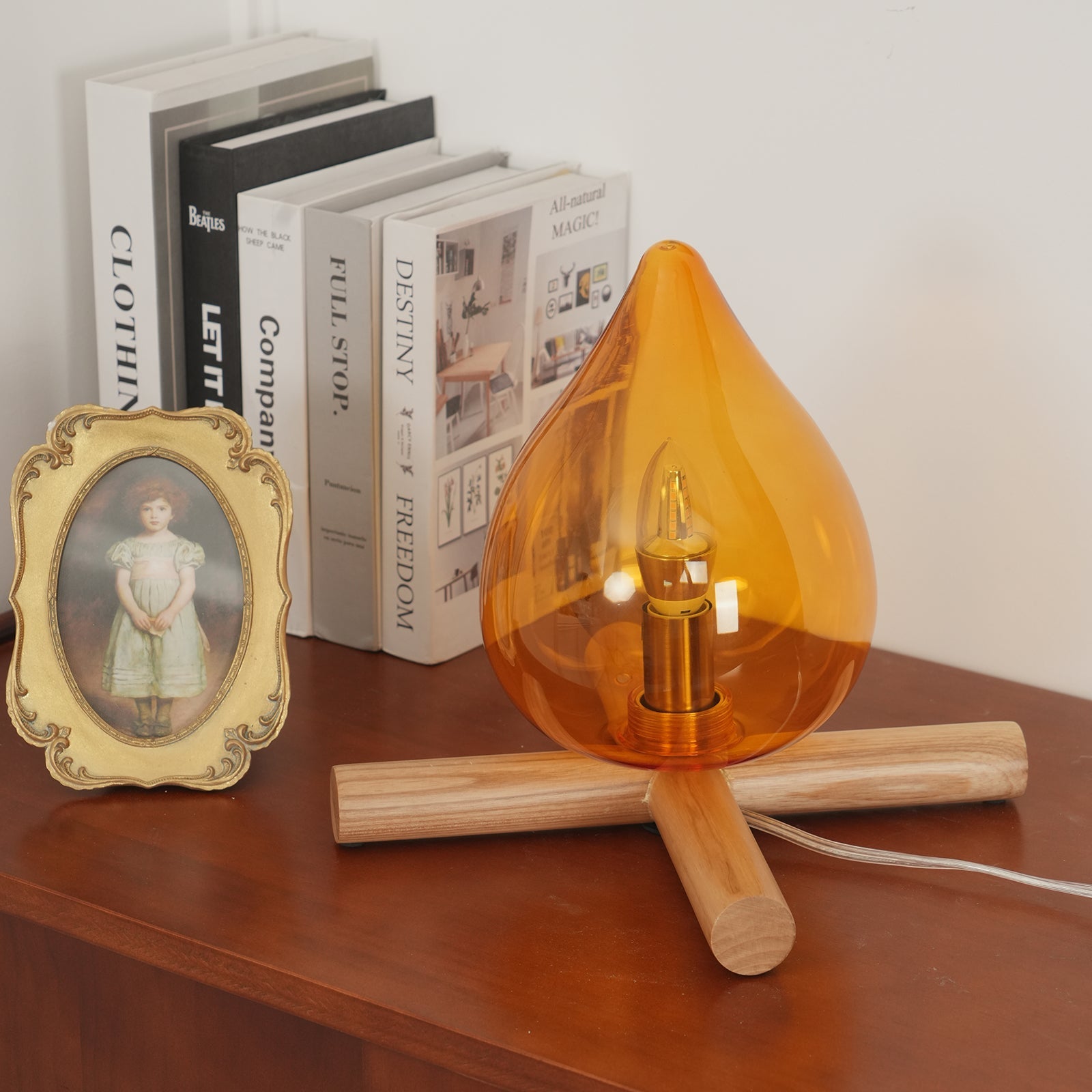 Table Lamp Wood Glass 11.8 in Orange Bedroom Desk Nightstand Ambient Lighting Three-Color Changing | Thomler