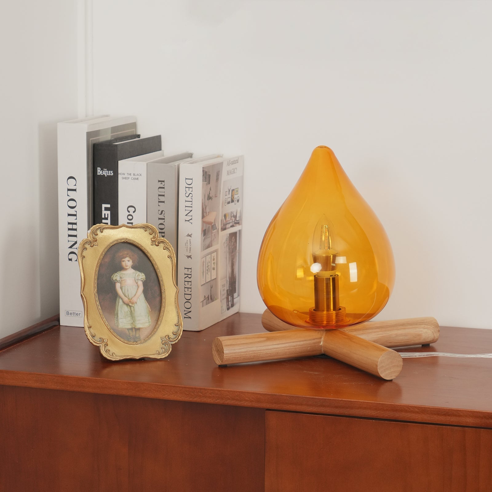 Table Lamp Wood Glass 11.8 in Orange Bedroom Desk Nightstand Ambient Lighting Three-Color Changing | Thomler