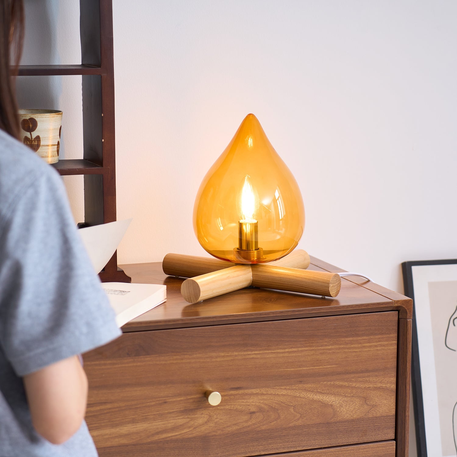 Table Lamp Wood Glass 11.8 in Orange Bedroom Desk Nightstand Ambient Lighting Three-Color Changing | Thomler