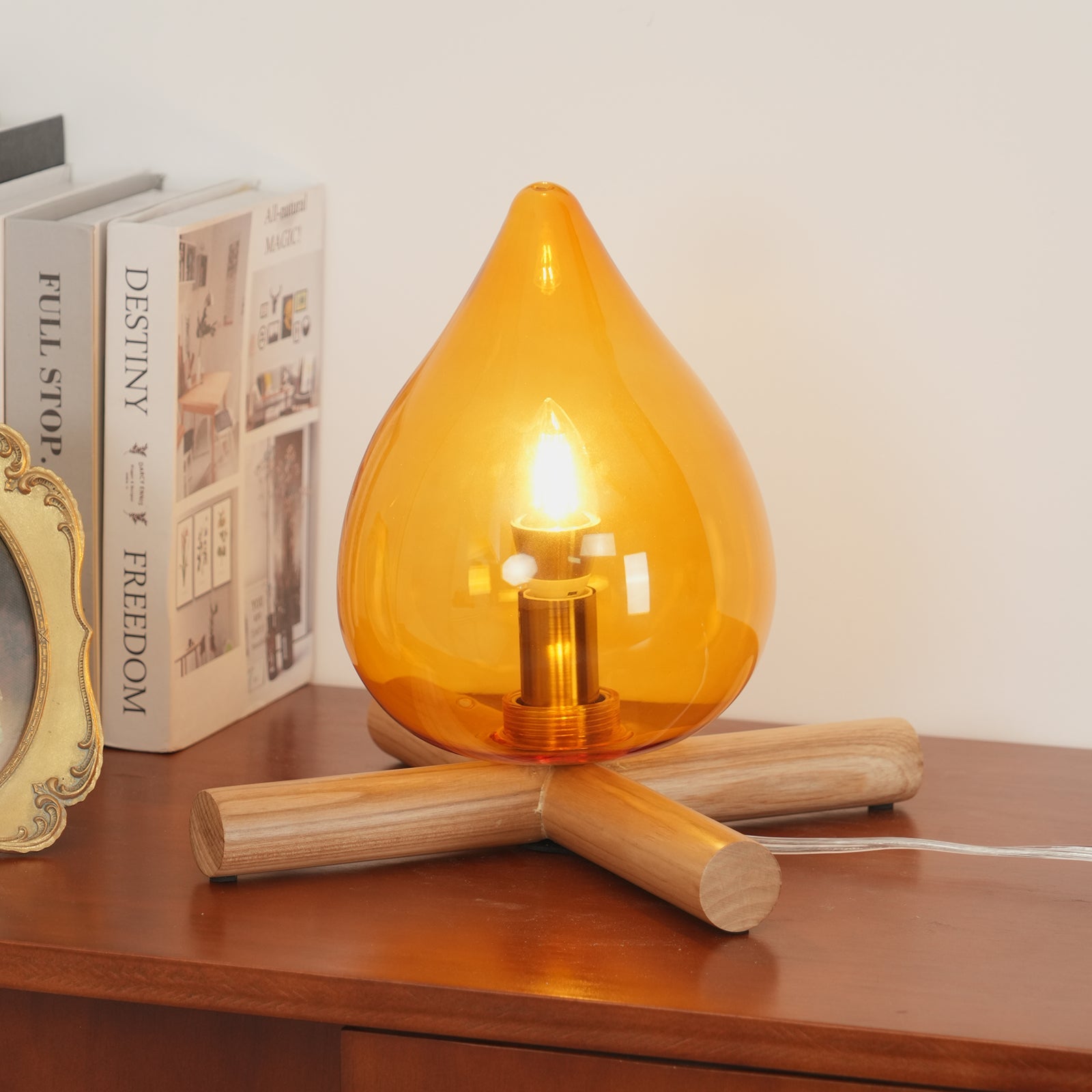 Table Lamp Wood Glass 11.8 in Orange Bedroom Desk Nightstand Ambient Lighting Three-Color Changing | Thomler