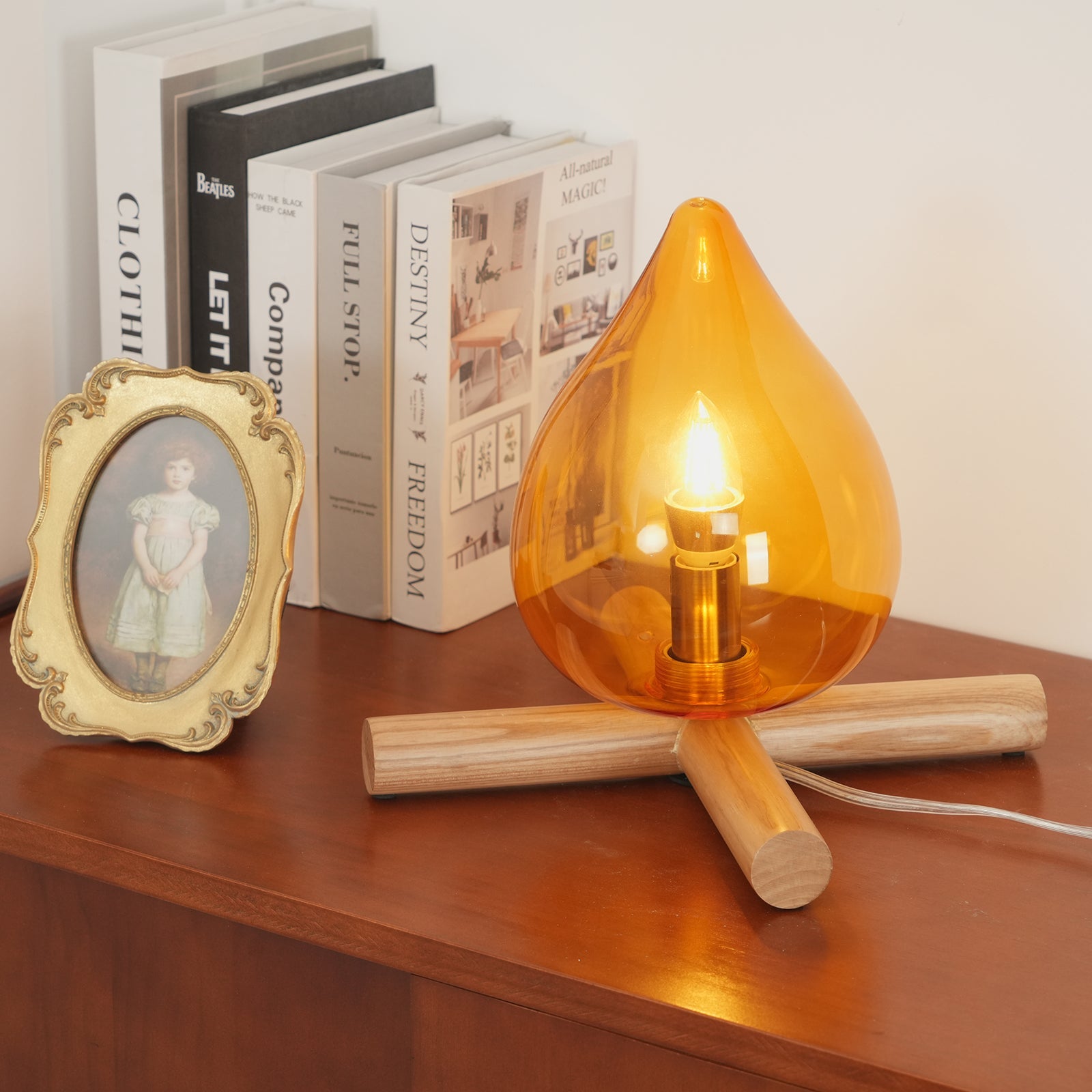 Table Lamp Wood Glass 11.8 in Orange Bedroom Desk Nightstand Ambient Lighting Three-Color Changing | Thomler