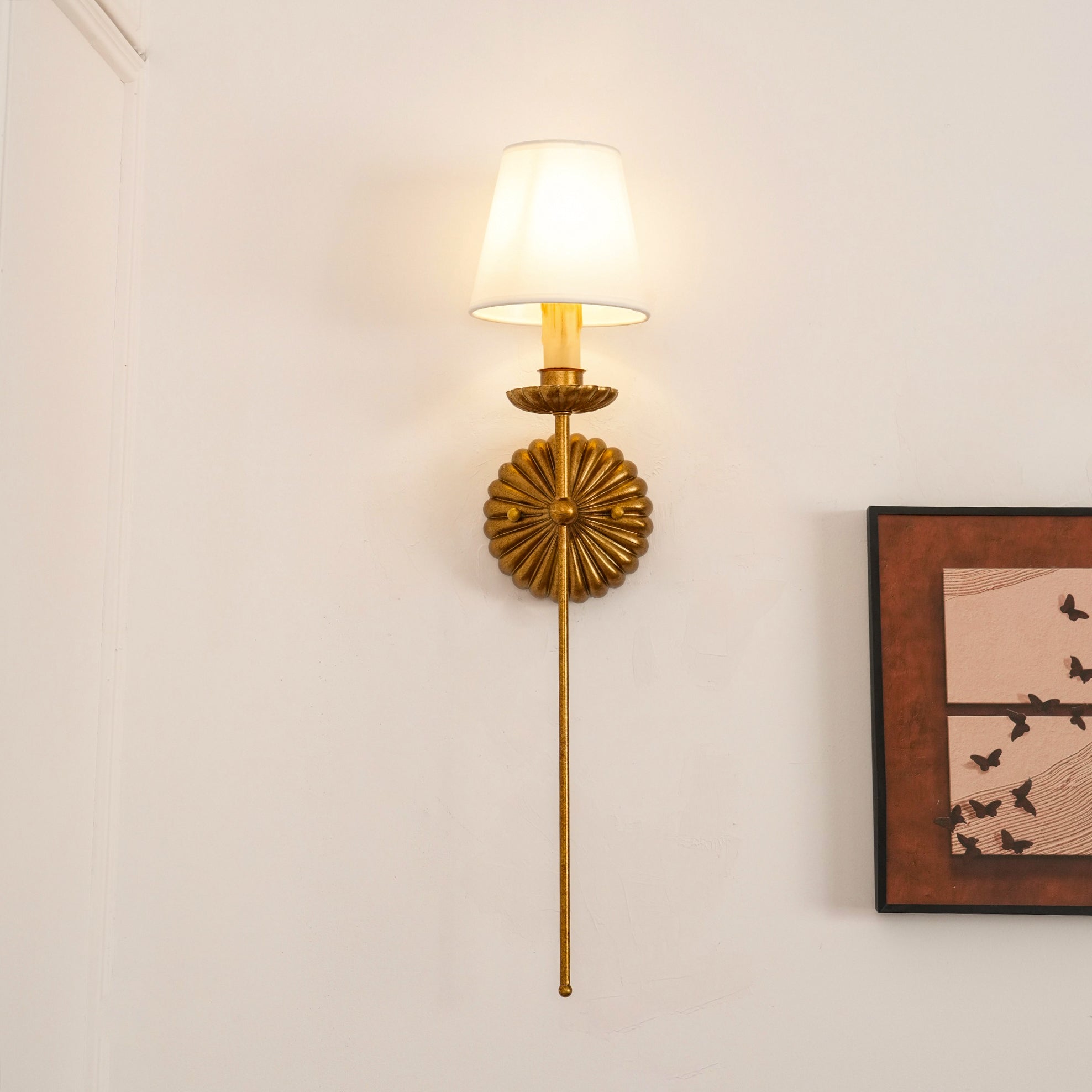 Wall Lamp Metal Fabric Shade 15W Antique Gold Bedroom Hallway Sconce Classic Modern Lighting Fixture | Thomler