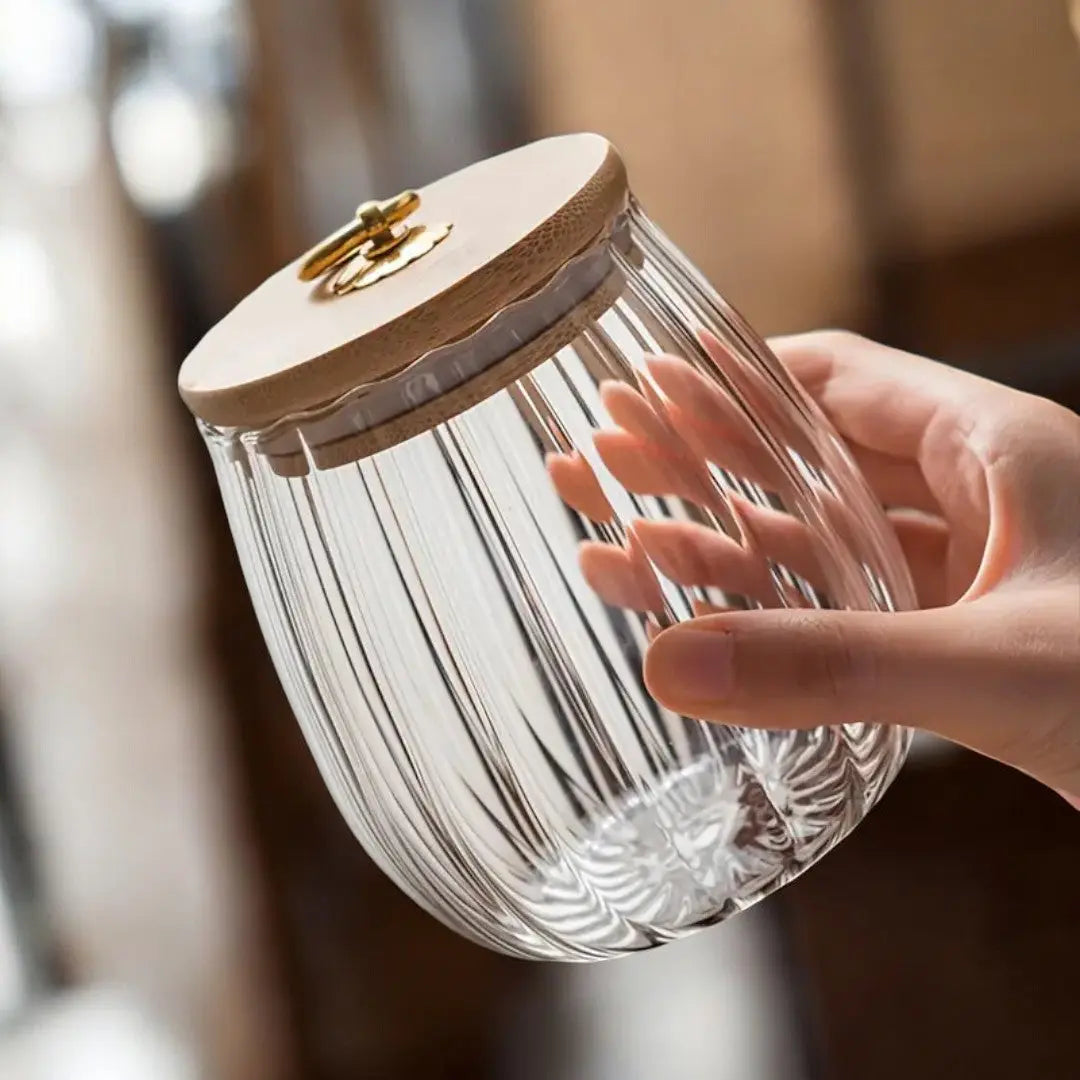 Storage Jar Borosilicate Glass Wooden Lid Tea Herb Kitchen Organiser Airtight Food Storage Container Scandinavian Countertop Display | Thomler