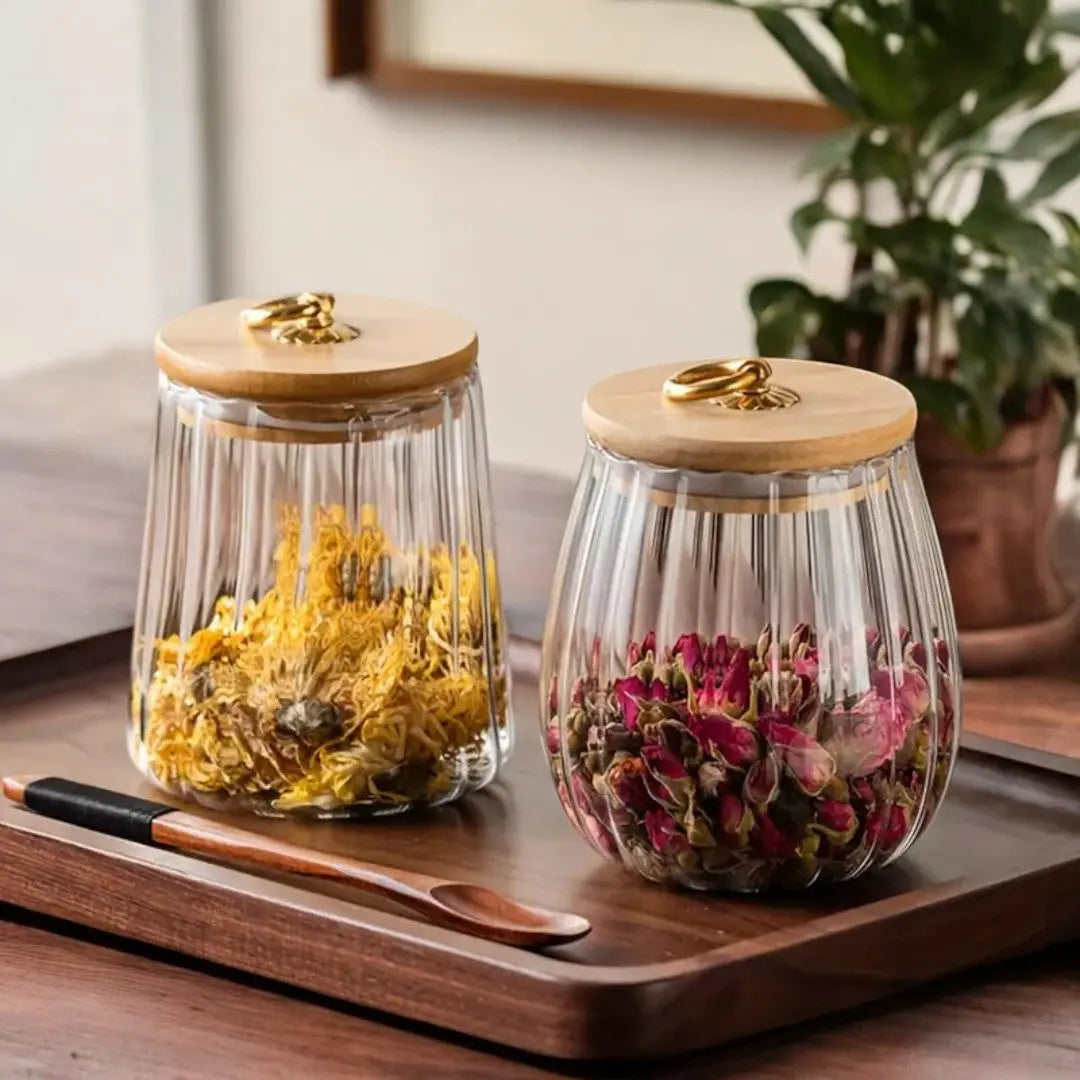 Storage Jar Borosilicate Glass Wooden Lid Tea Herb Kitchen Organiser Airtight Food Storage Container Scandinavian Countertop Display | Thomler