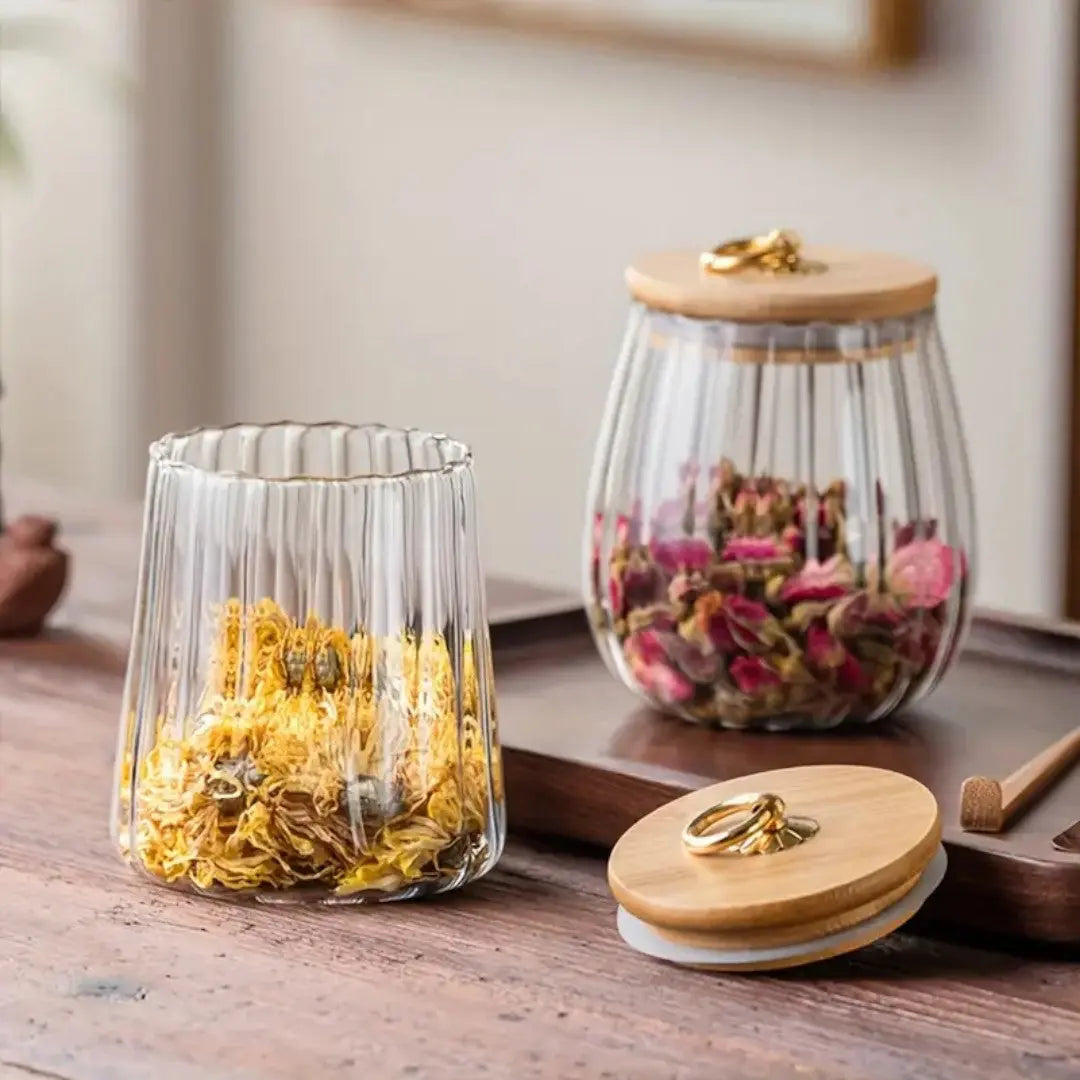Storage Jar Borosilicate Glass Wooden Lid Tea Herb Kitchen Organiser Airtight Food Storage Container Scandinavian Countertop Display | Thomler