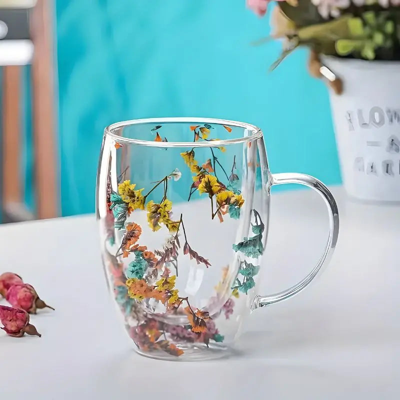 Glass Mug Double Walled 350 ml 12.3 fl oz Floral Coffee Tea Transparent Insulated Drinkware Gift Cup | Thomler