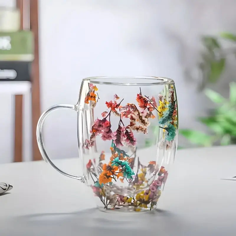 Glass Mug Double Walled 350 ml 12.3 fl oz Floral Coffee Tea Transparent Insulated Drinkware Gift Cup | Thomler