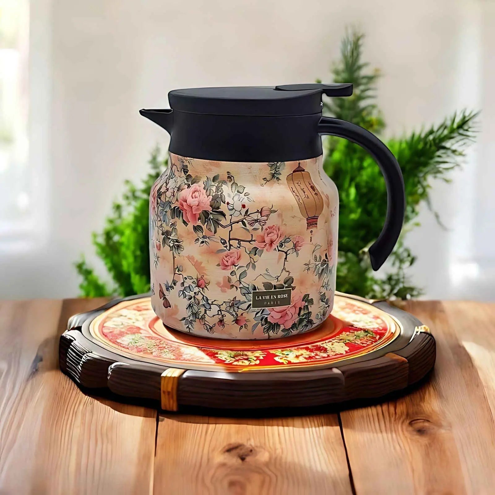 Teapot Stainless Steel Insulated Infuser Floral Pattern Daily Tea Serving Kitchen Carafe Drip Free Pouring | Thomler