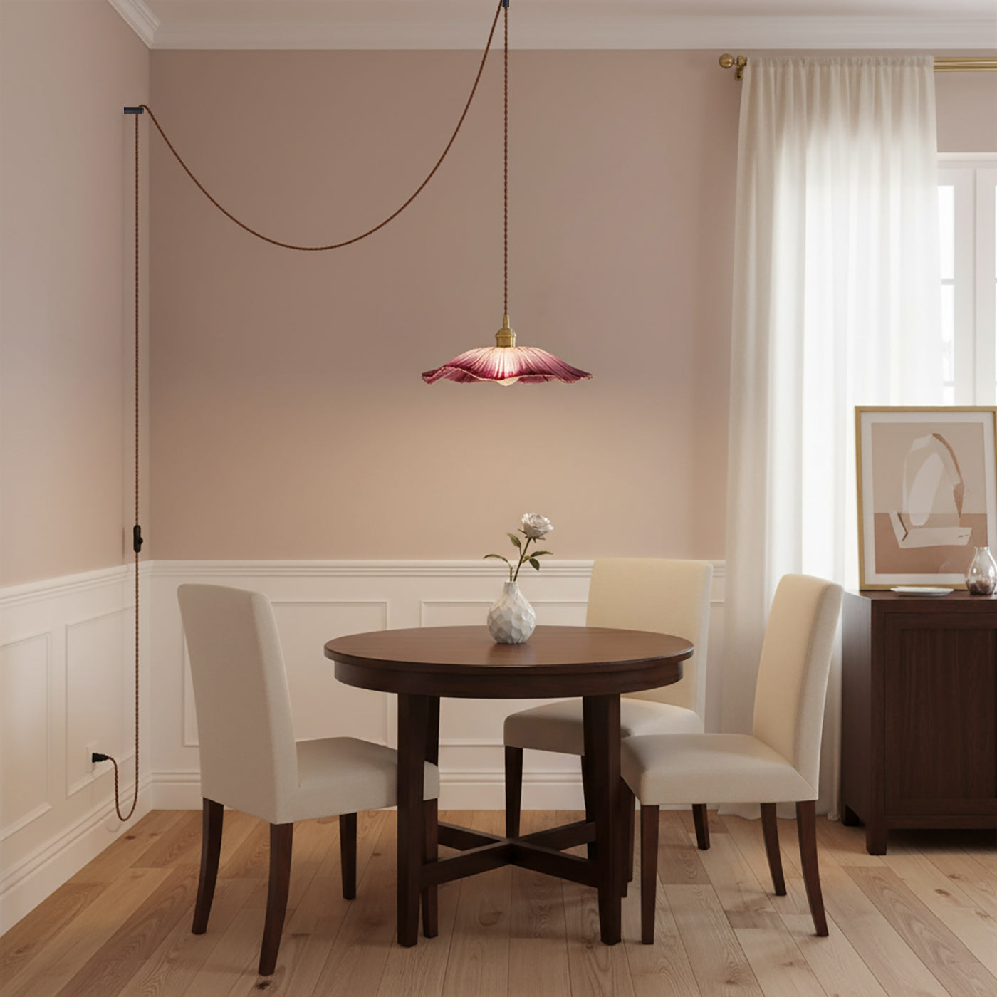 Pendant Light Glass Flower Shade 11 in x 5.1 in Pink Clear Green Dining Room Kitchen Island Hanging Ceiling Lamp | Thomler