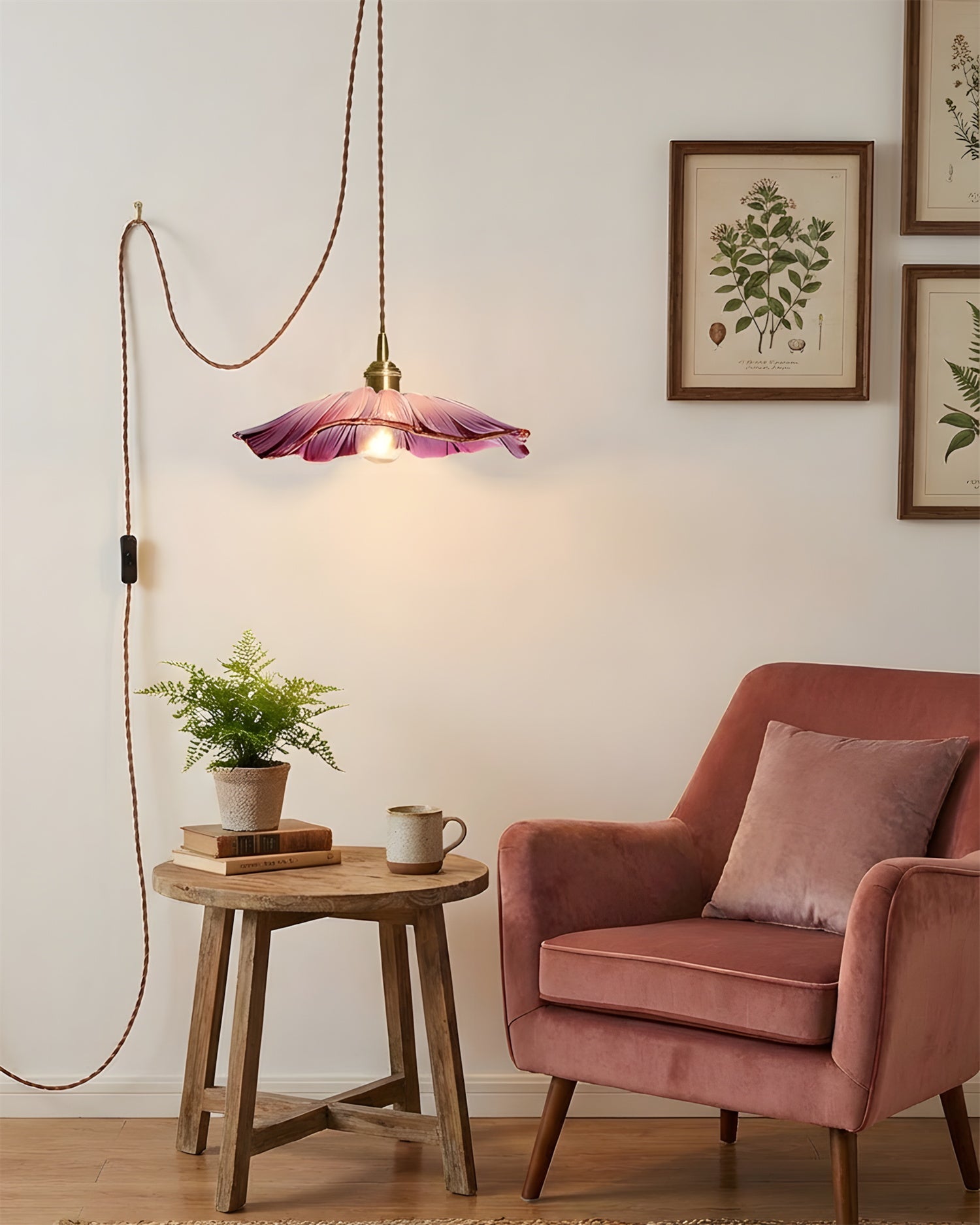 Pendant Light Glass Flower Shade 11 in x 5.1 in Pink Clear Green Dining Room Kitchen Island Hanging Ceiling Lamp | Thomler
