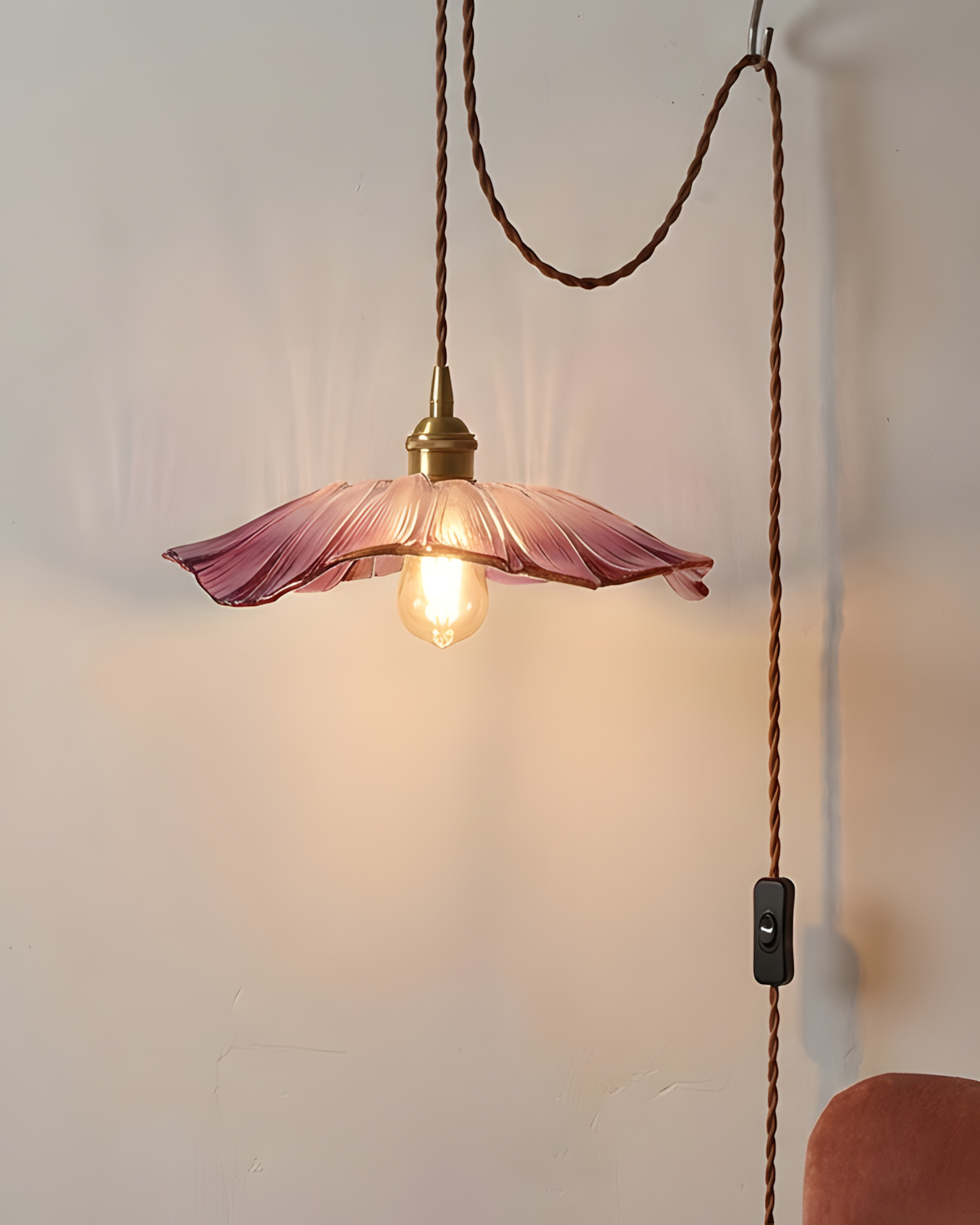 Pendant Light Glass Flower Shade 11 in x 5.1 in Pink Clear Green Dining Room Kitchen Island Hanging Ceiling Lamp | Thomler