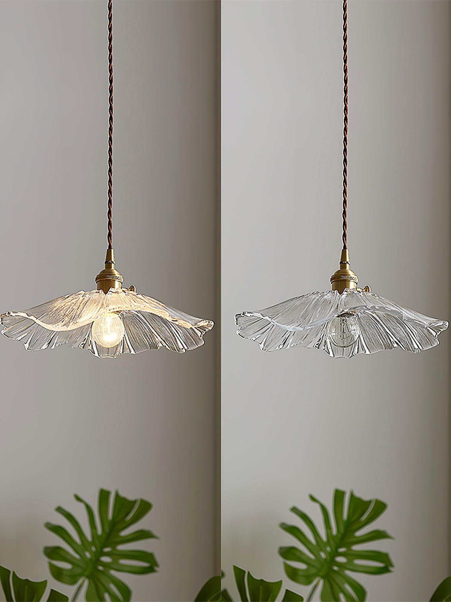 Pendant Light Glass Flower Shade 28.0 cm Clear Dining Room Kitchen Vintage Hanging Ceiling Lamp E27 Copper Finish | Thomler