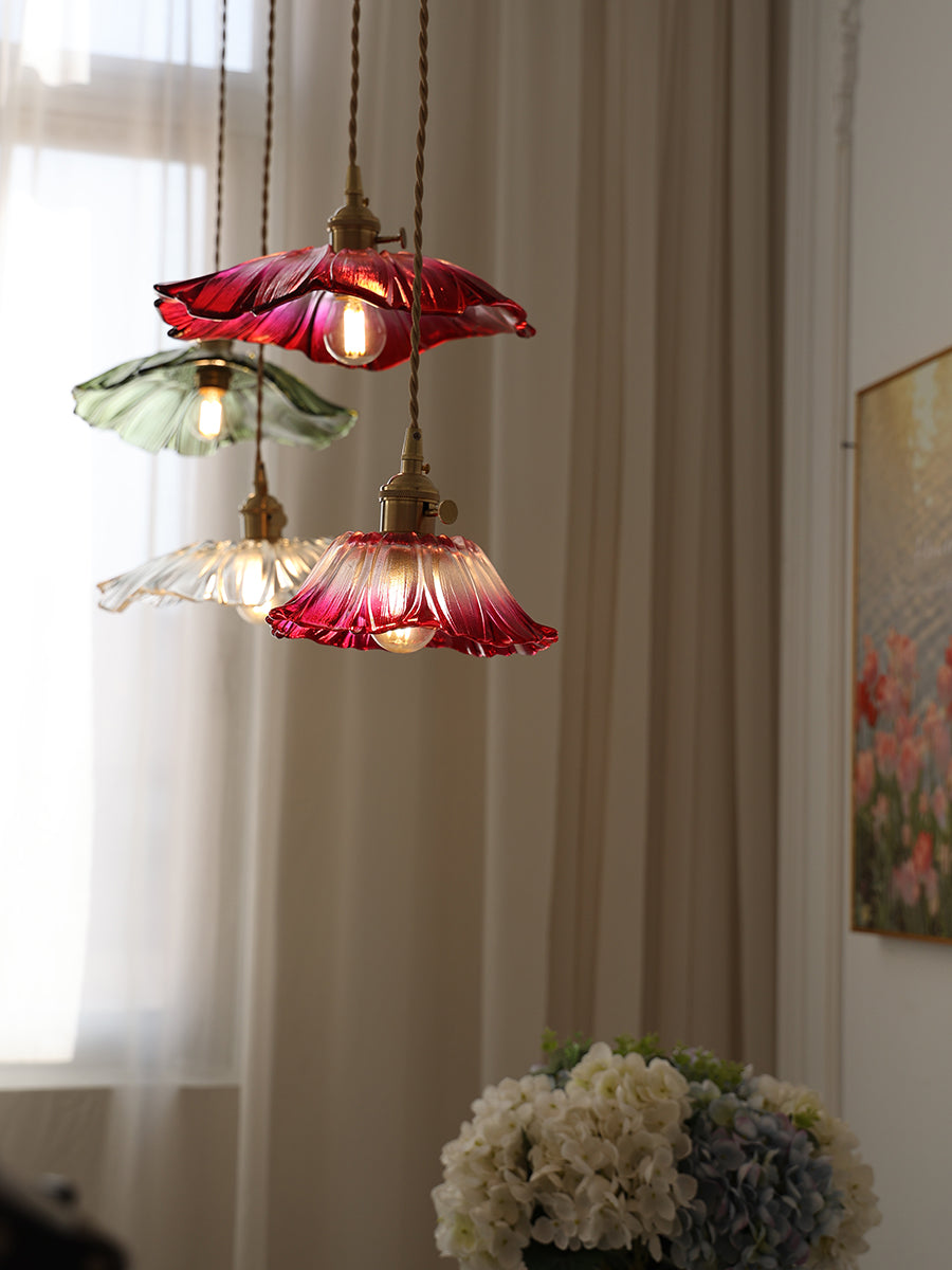 Pendant Light Glass Flower Shade 11 in x 5.1 in Pink Clear Green Dining Room Kitchen Island Hanging Ceiling Lamp | Thomler