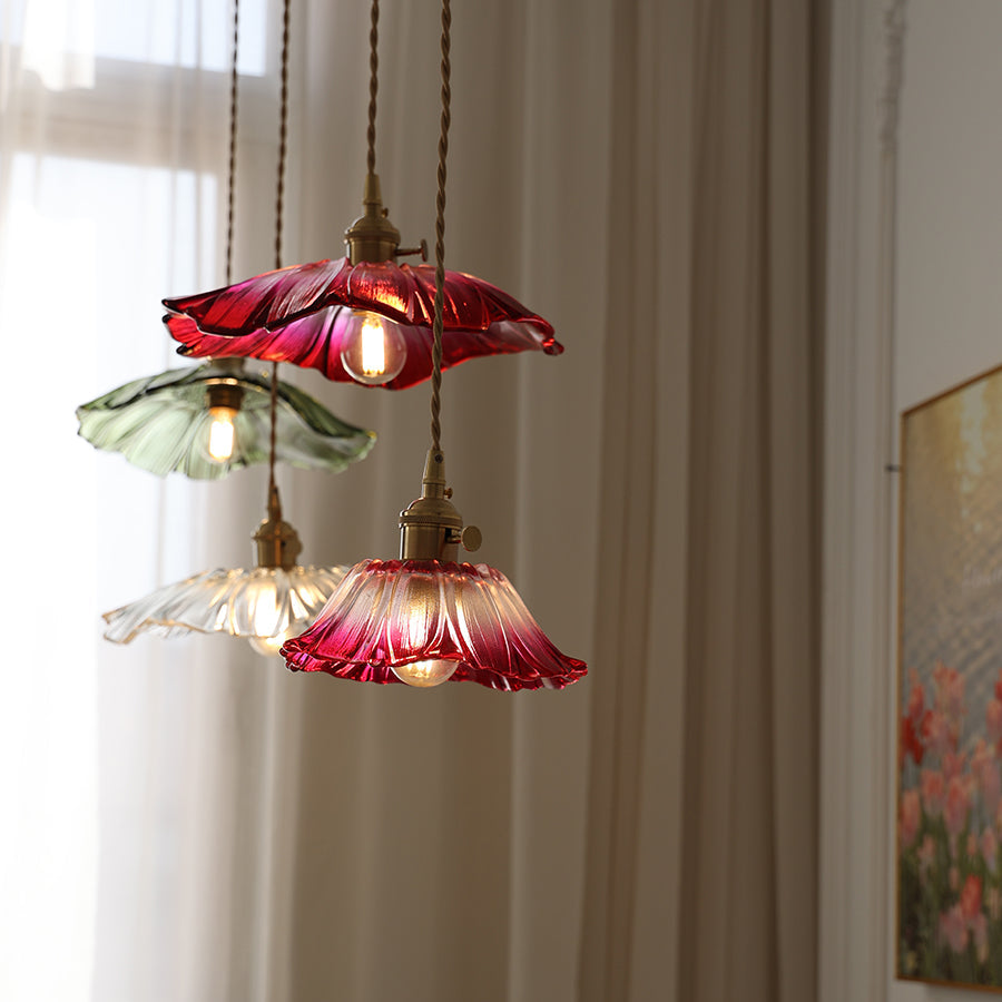 Floral Glass Pendant or Flush Mount Light – Vintage Brass Accent Fixture for Dining Room, Bedroom | Thomler