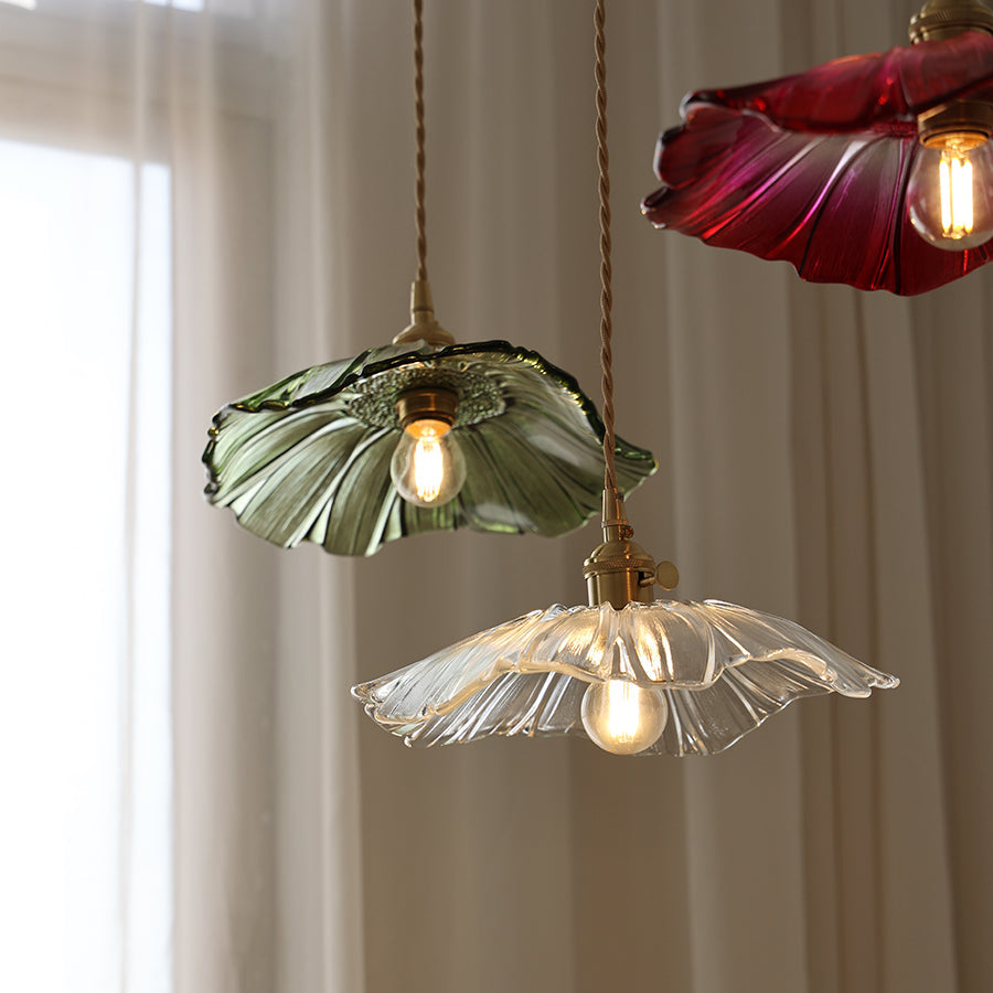Floral Glass Pendant or Flush Mount Light – Vintage Brass Accent Fixture for Dining Room, Bedroom | Thomler