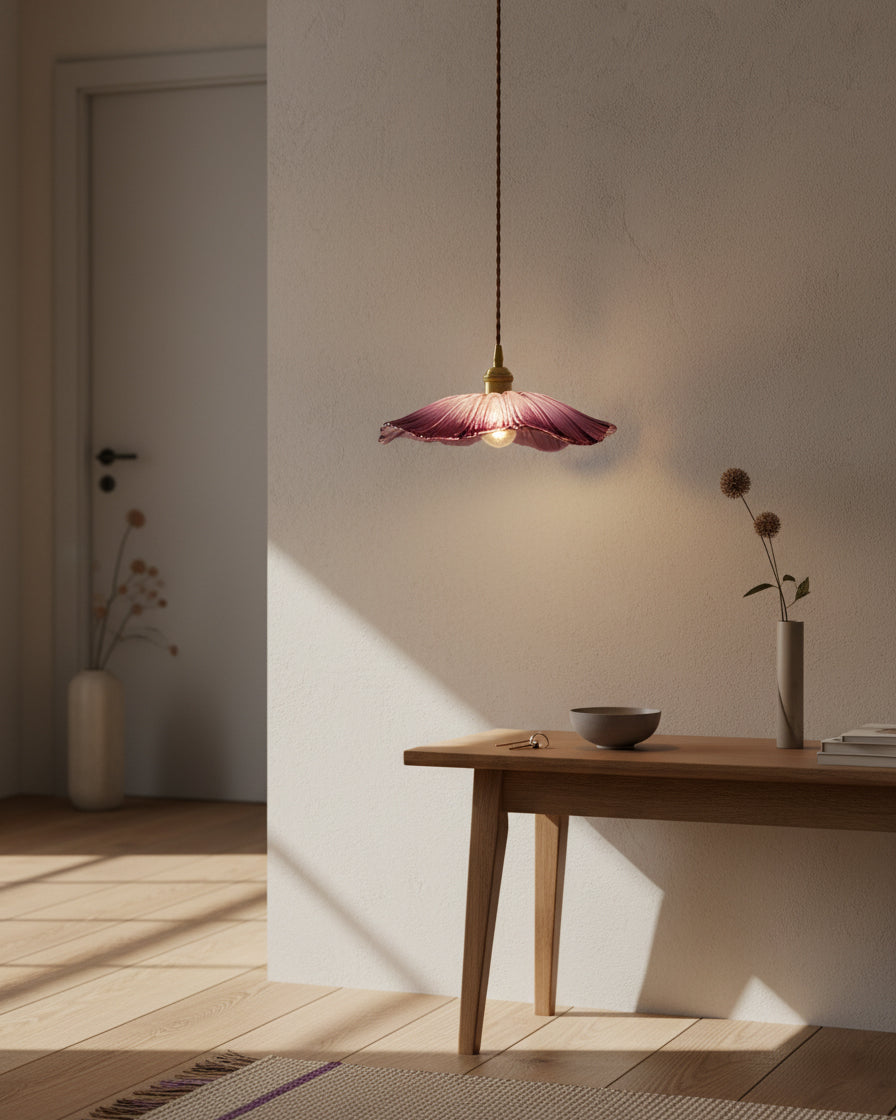 Pendant Light Glass Flower Shade 11 in x 5.1 in Pink Clear Green Dining Room Kitchen Island Hanging Ceiling Lamp | Thomler