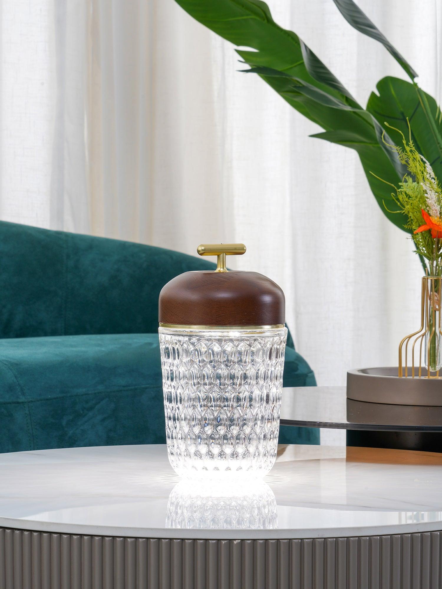 Table Lamp Wood Crystal 11.4 in Portable Walnut Desk Nightstand Lighting USB Warm White | Thomler