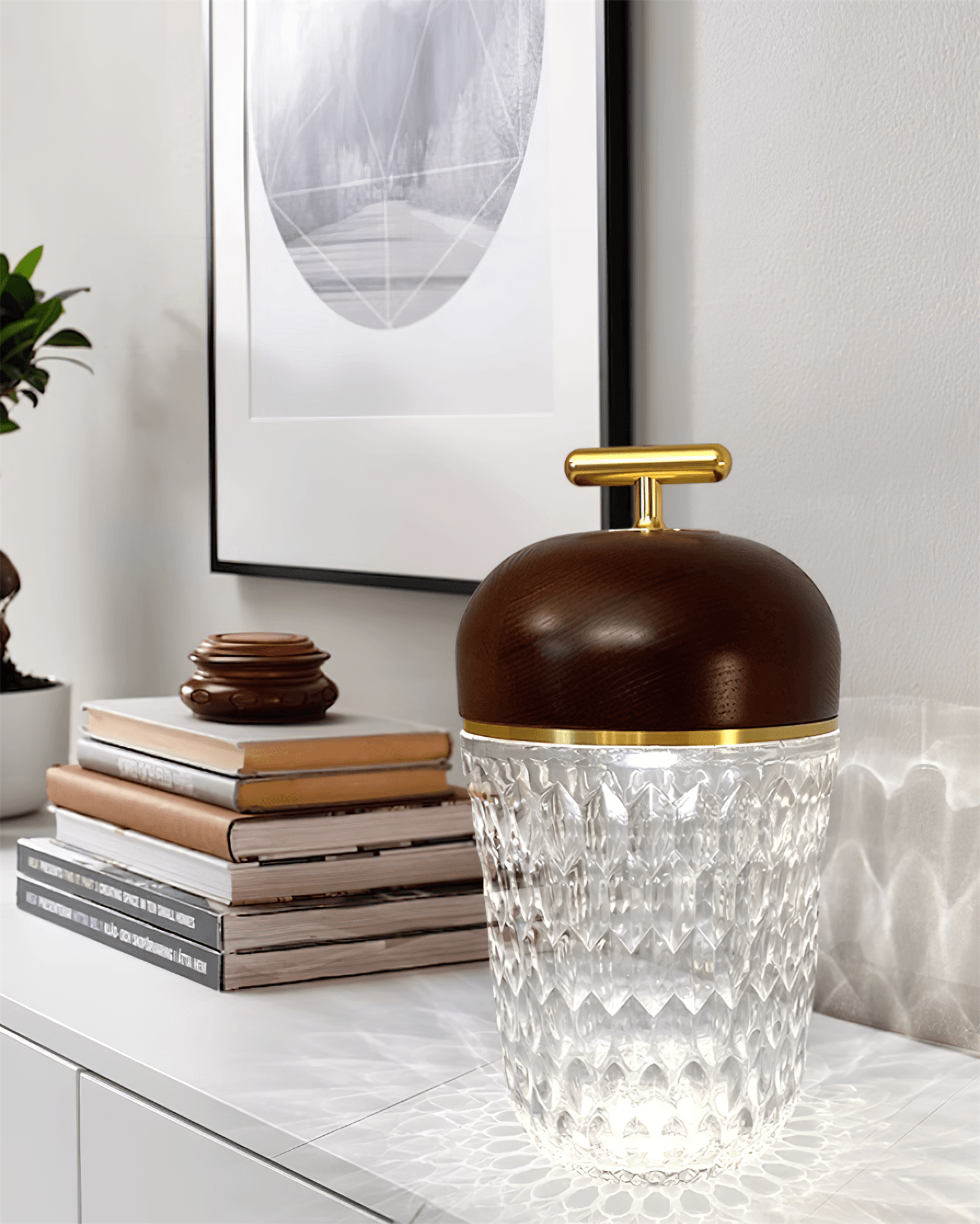 Table Lamp Wood Crystal 11.4 in Portable Walnut Desk Nightstand Lighting USB Warm White | Thomler
