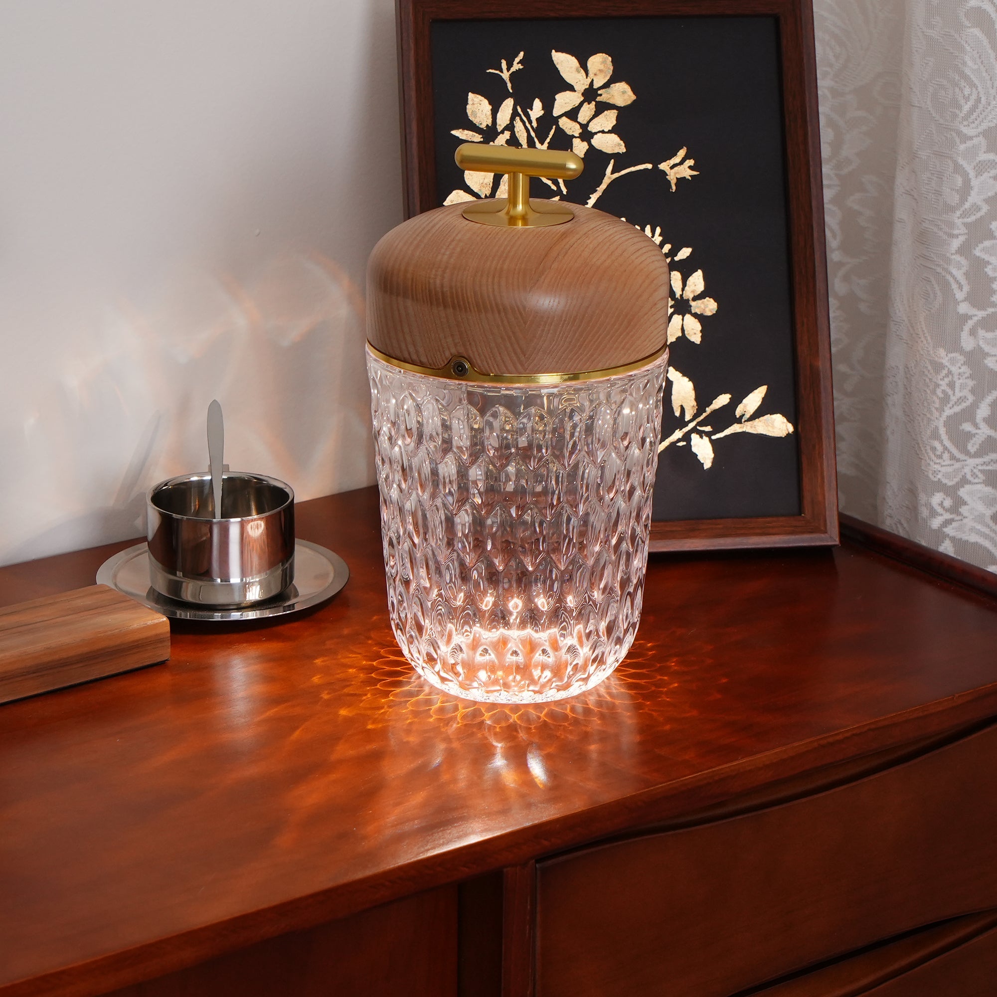 Table Lamp Wood Crystal 11.4 in Portable Walnut Desk Nightstand Lighting USB Warm White | Thomler