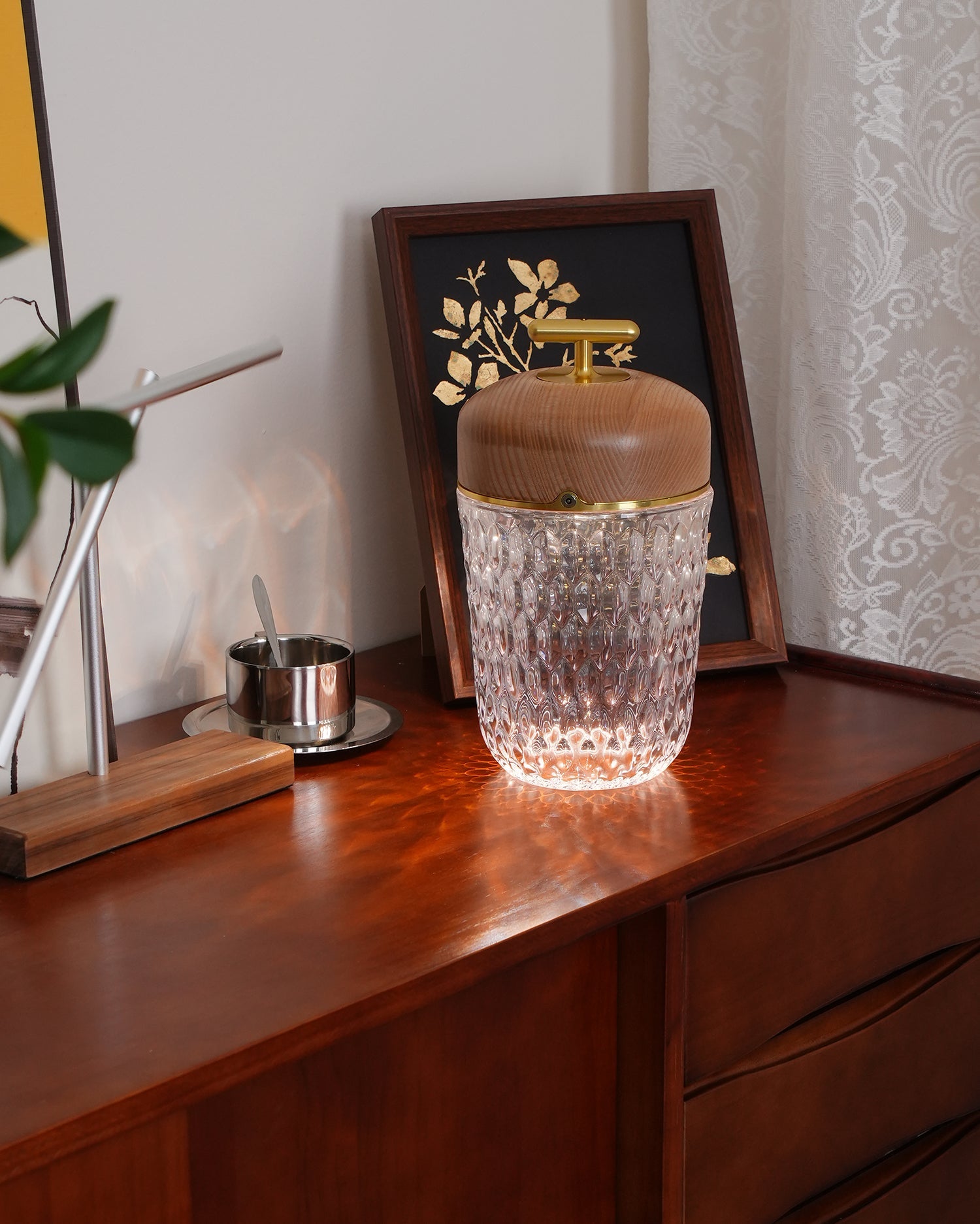 Table Lamp Wood Crystal 11.4 in Portable Walnut Desk Nightstand Lighting USB Warm White | Thomler
