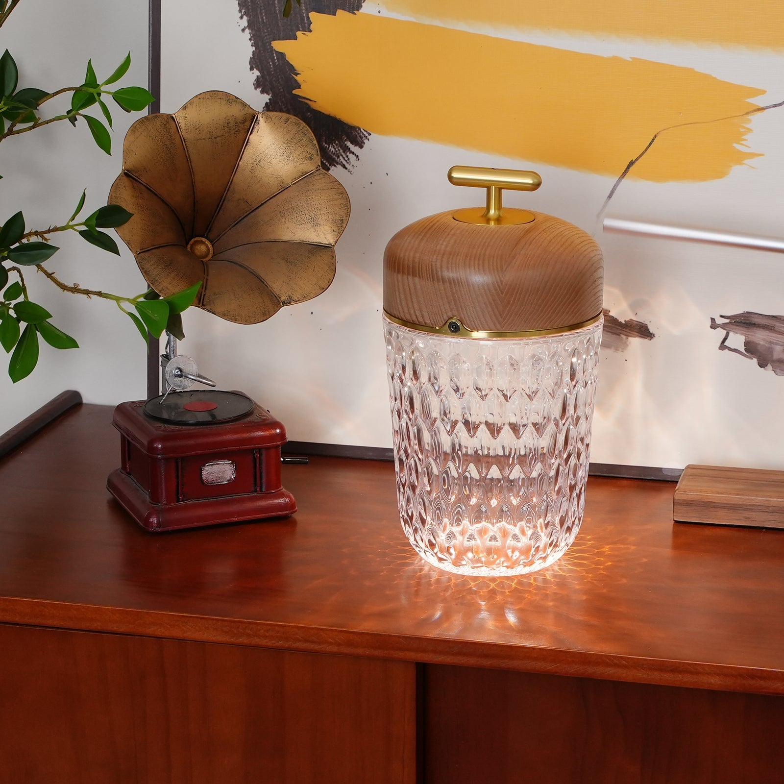 Table Lamp Wood Crystal 11.4 in Portable Walnut Desk Nightstand Lighting USB Warm White | Thomler