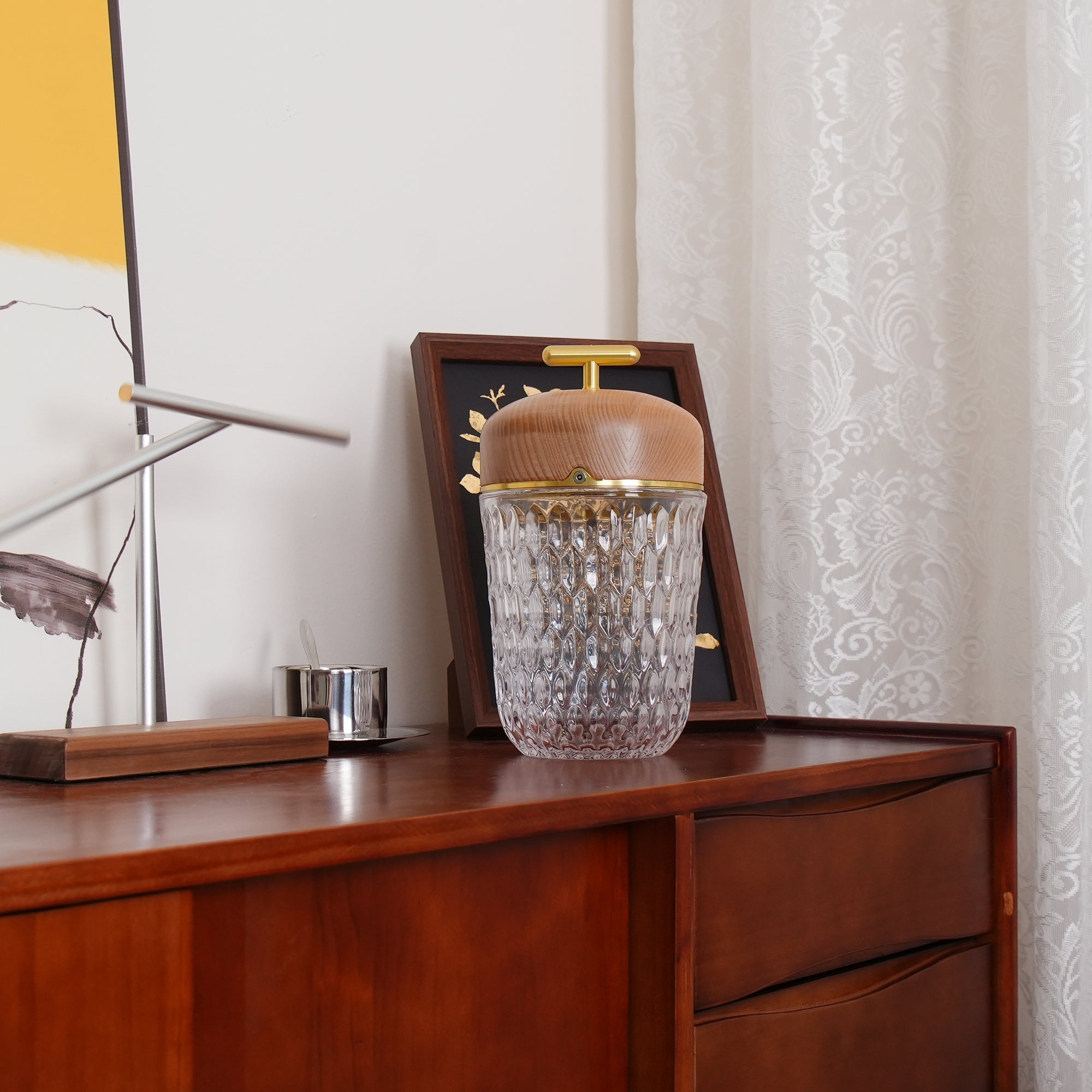 Table Lamp Wood Crystal 11.4 in Portable Walnut Desk Nightstand Lighting USB Warm White | Thomler