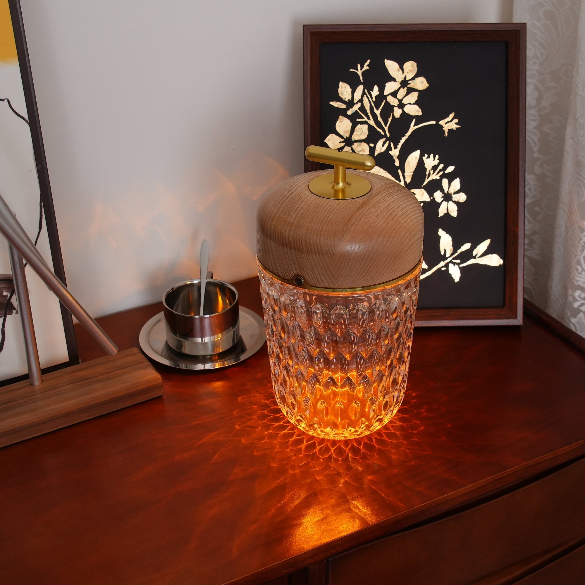 Table Lamp Wood Crystal 11.4 in Portable Walnut Desk Nightstand Lighting USB Warm White | Thomler