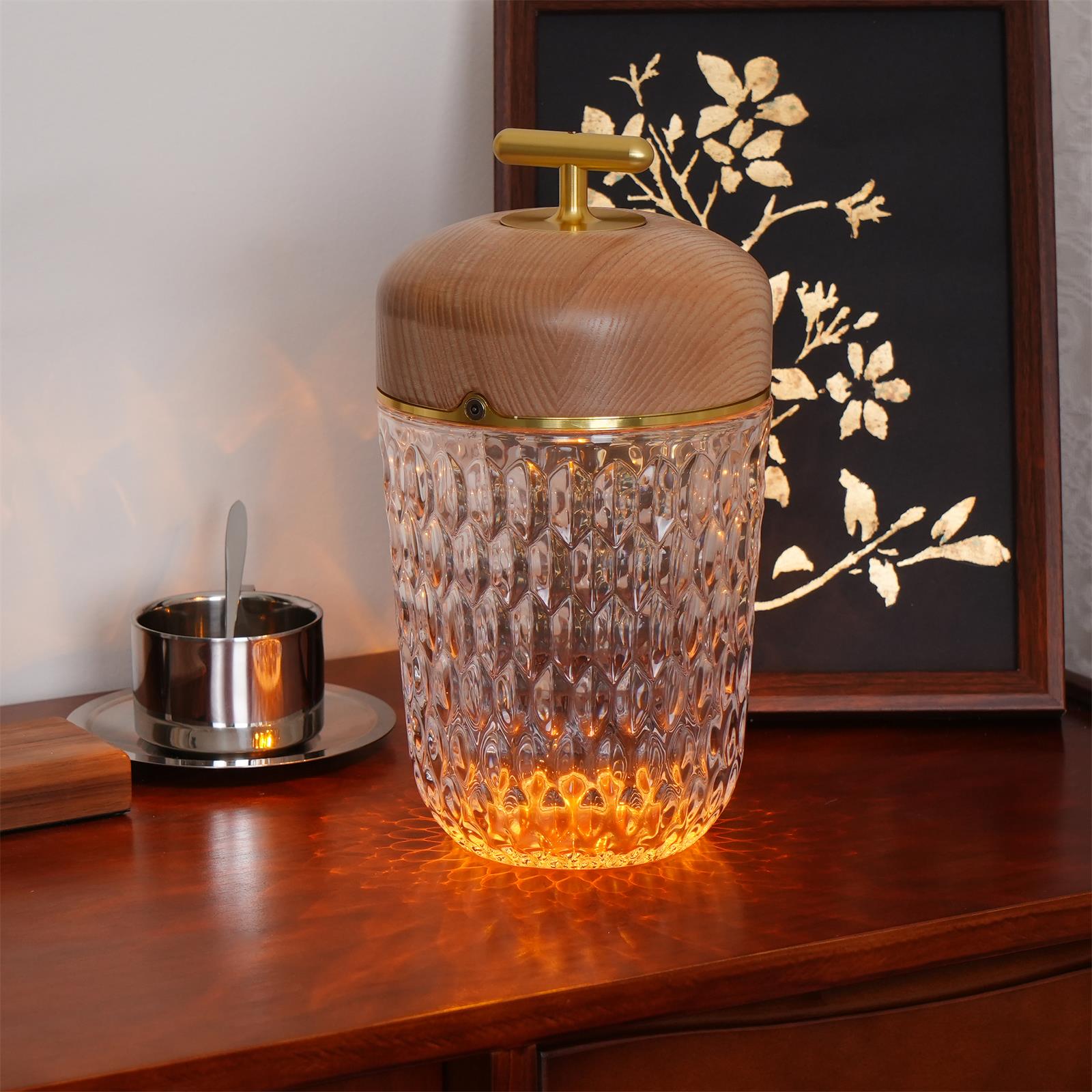 Table Lamp Wood Crystal 11.4 in Portable Walnut Desk Nightstand Lighting USB Warm White | Thomler