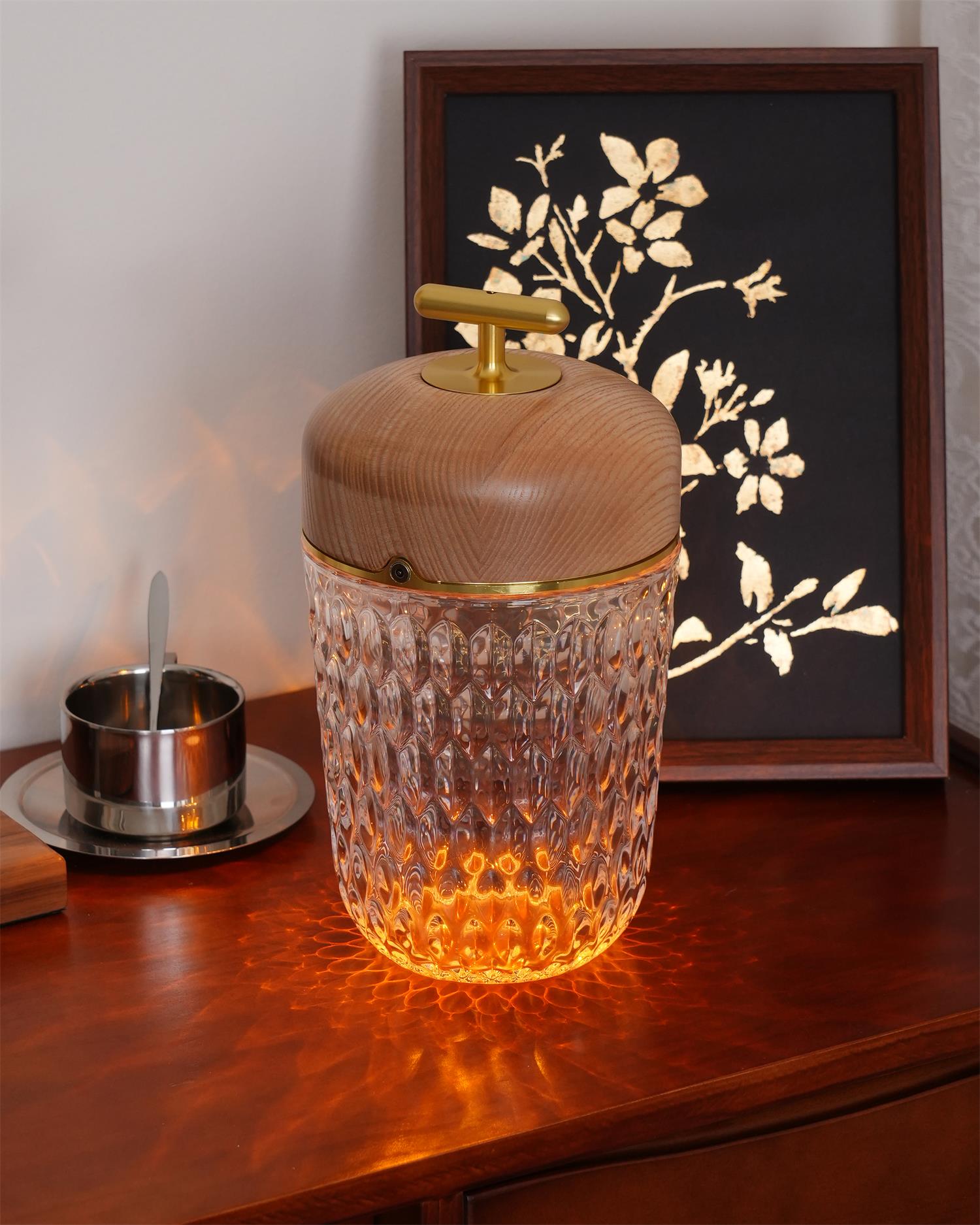 Table Lamp Wood Crystal 11.4 in Portable Walnut Desk Nightstand Lighting USB Warm White | Thomler