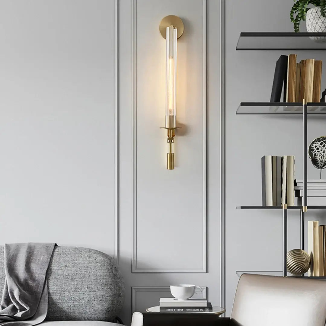 Brass Wall Sconce 28 in (71.0 cm) Clear Glass Indoor Lighting Minimalist Edison Bulb Fixture | Thomler