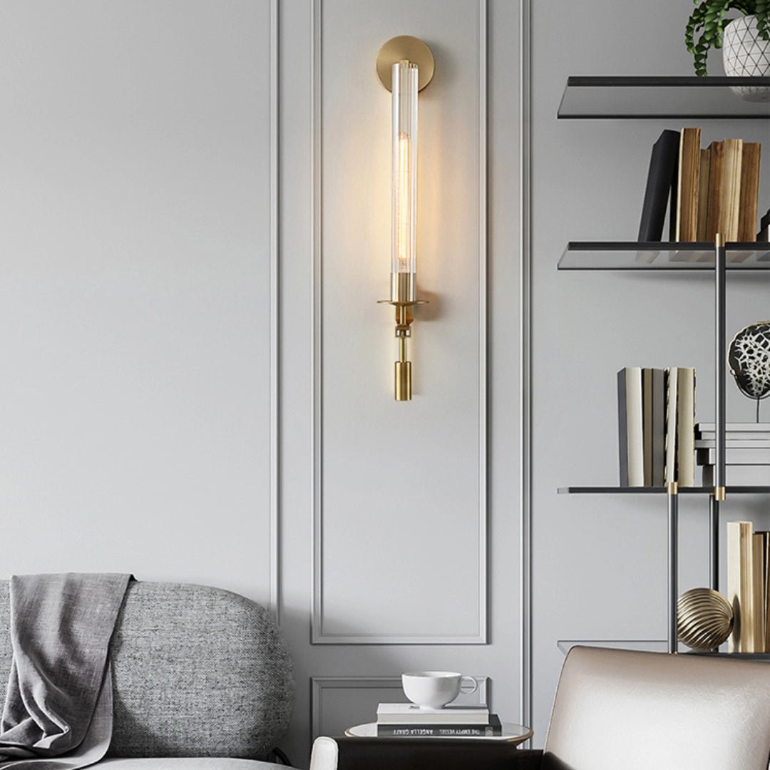 Brass Wall Sconce 28 in (71.0 cm) Clear Glass Indoor Lighting Minimalist Edison Bulb Fixture | Thomler