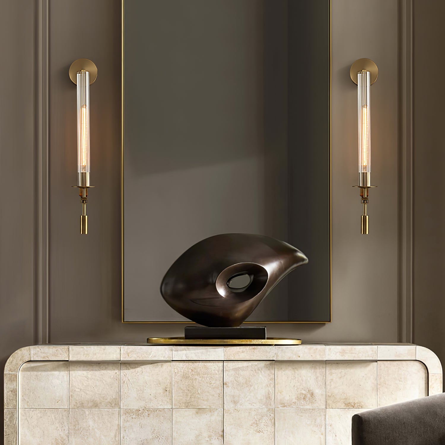 Brass Wall Sconce 28 in (71.0 cm) Clear Glass Indoor Lighting Minimalist Edison Bulb Fixture | Thomler