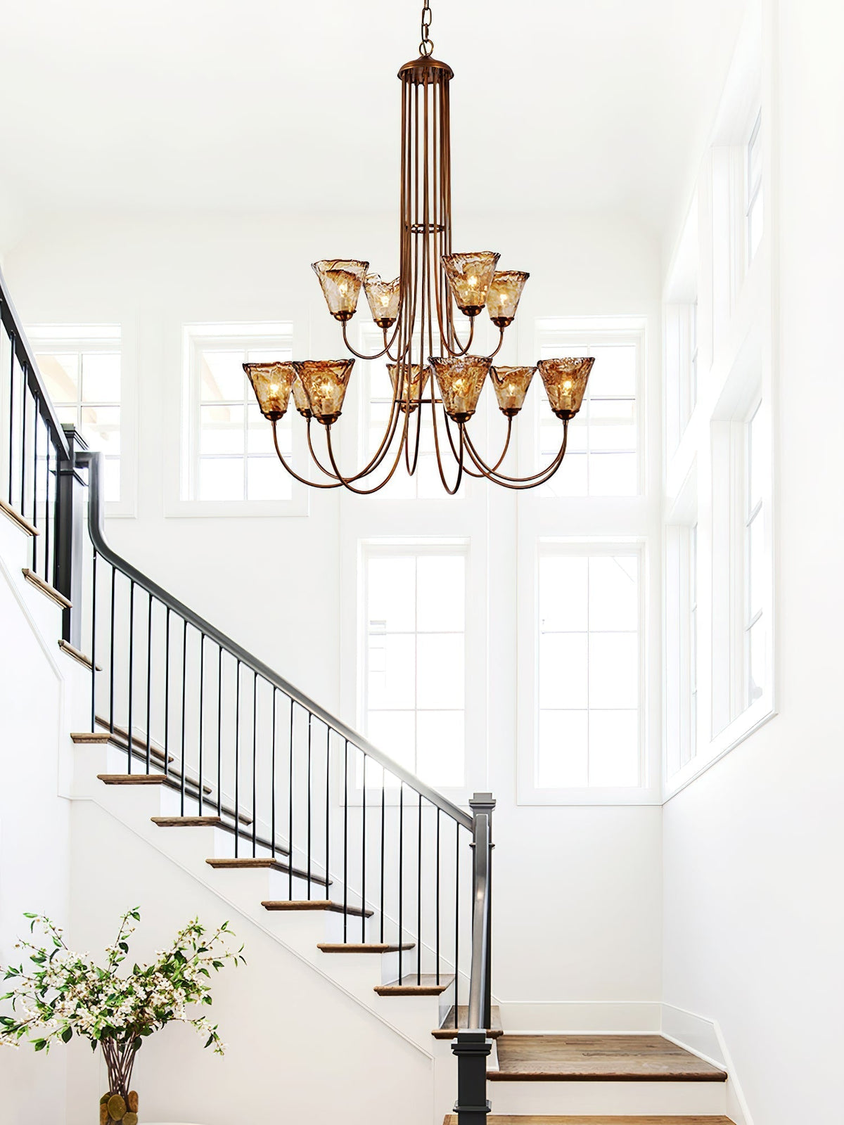 Amber Glass Globe Chandelier with Dark Brass Accents – Multi-Arm Ceiling Light for Dining Room, Living Room & Entryway | Thomler