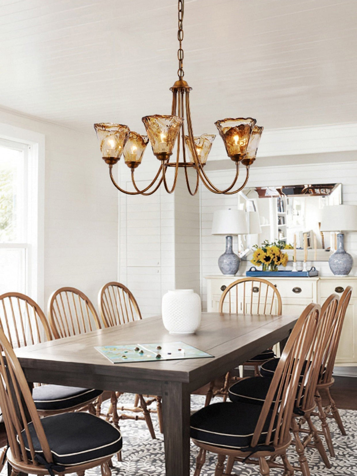Amber Glass Globe Chandelier with Dark Brass Accents – Multi-Arm Ceiling Light for Dining Room, Living Room & Entryway | Thomler