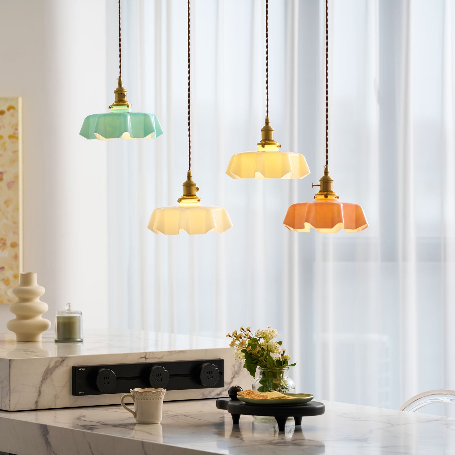 Ceramic Pendant Light 9.8 in x 5.1 in Adjustable Ceiling Indoor White Beige Pink Blue Vintage Lampshade | Thomler