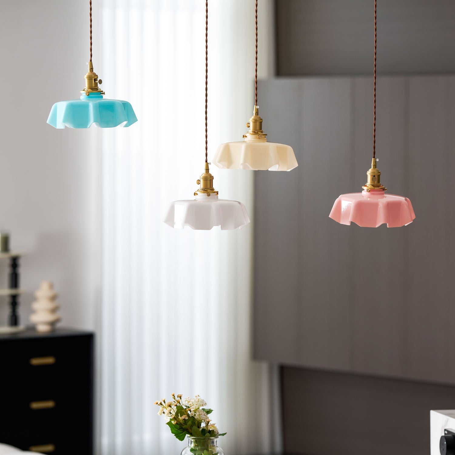 Ceramic Pendant Light 9.8 in x 5.1 in Adjustable Ceiling Indoor White Beige Pink Blue Vintage Lampshade | Thomler