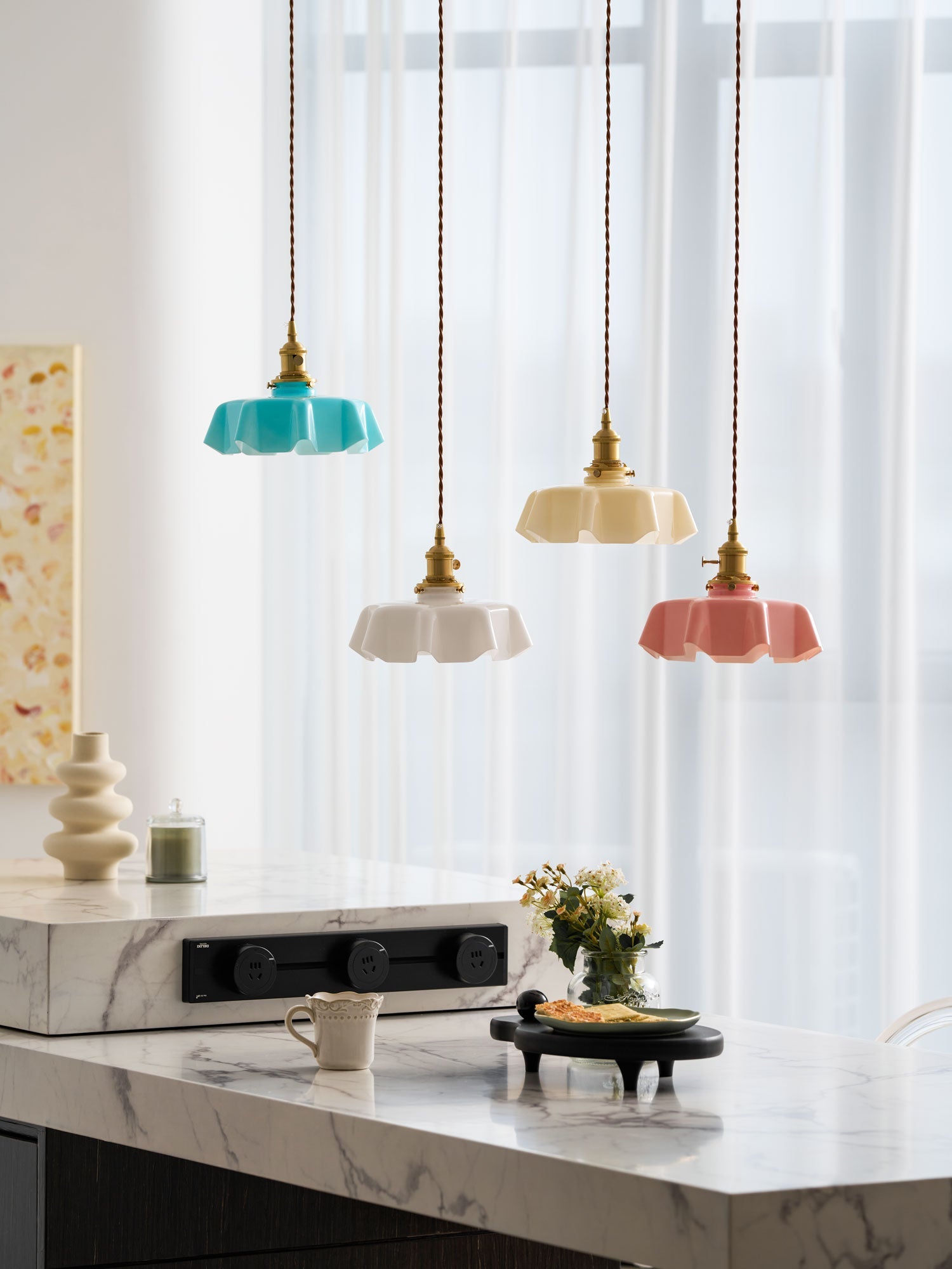 Ceramic Pendant Light 9.8 in x 5.1 in Adjustable Ceiling Indoor White Beige Pink Blue Vintage Lampshade | Thomler