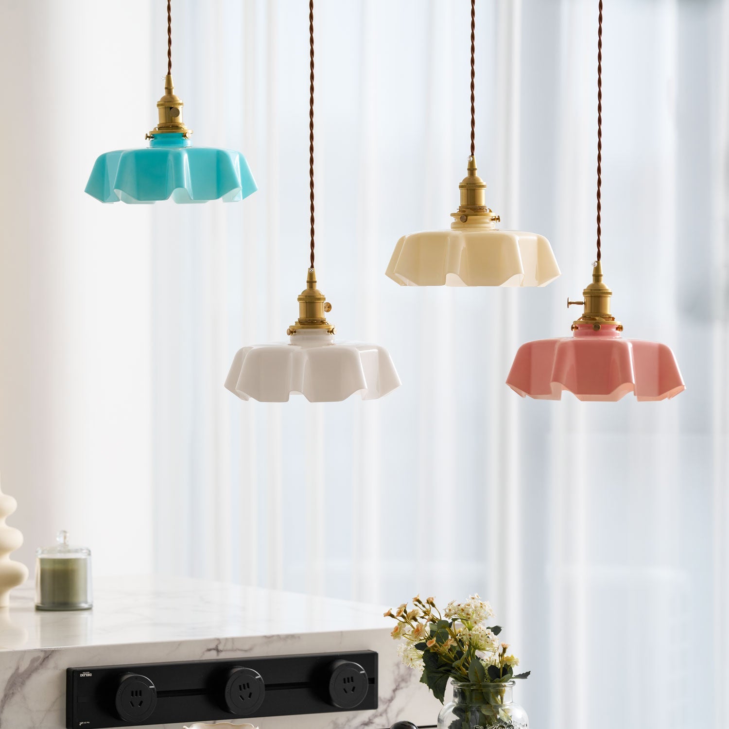 Ceramic Pendant Light 9.8 in x 5.1 in Adjustable Ceiling Indoor White Beige Pink Blue Vintage Lampshade | Thomler