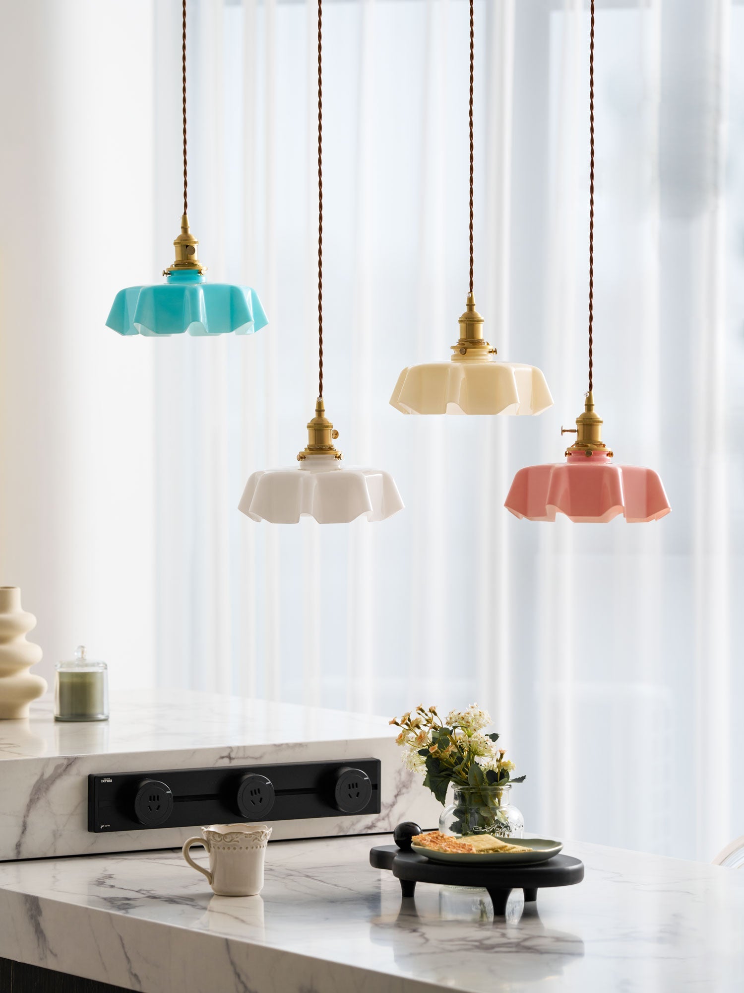Ceramic Pendant Light 9.8 in x 5.1 in Adjustable Ceiling Indoor White Beige Pink Blue Vintage Lampshade | Thomler