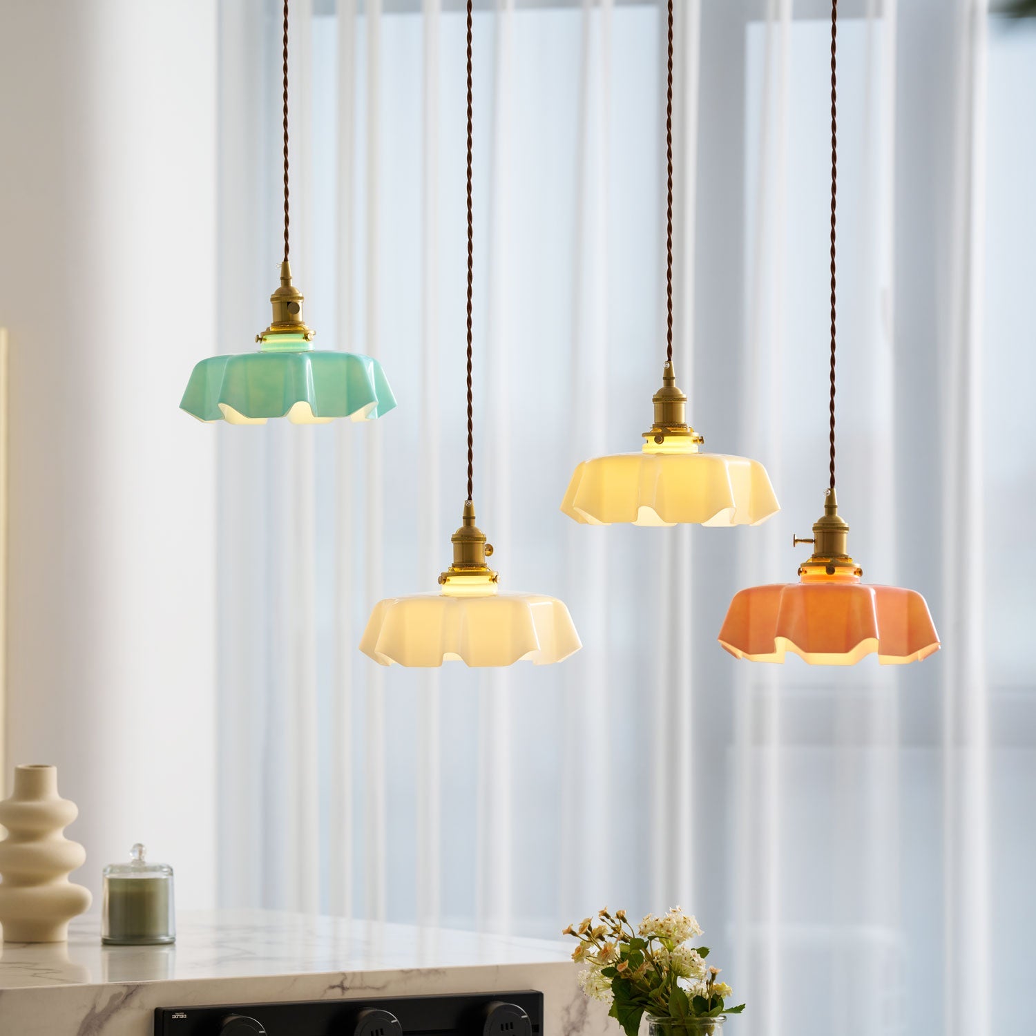 Ceramic Pendant Light 9.8 in x 5.1 in Adjustable Ceiling Indoor White Beige Pink Blue Vintage Lampshade | Thomler