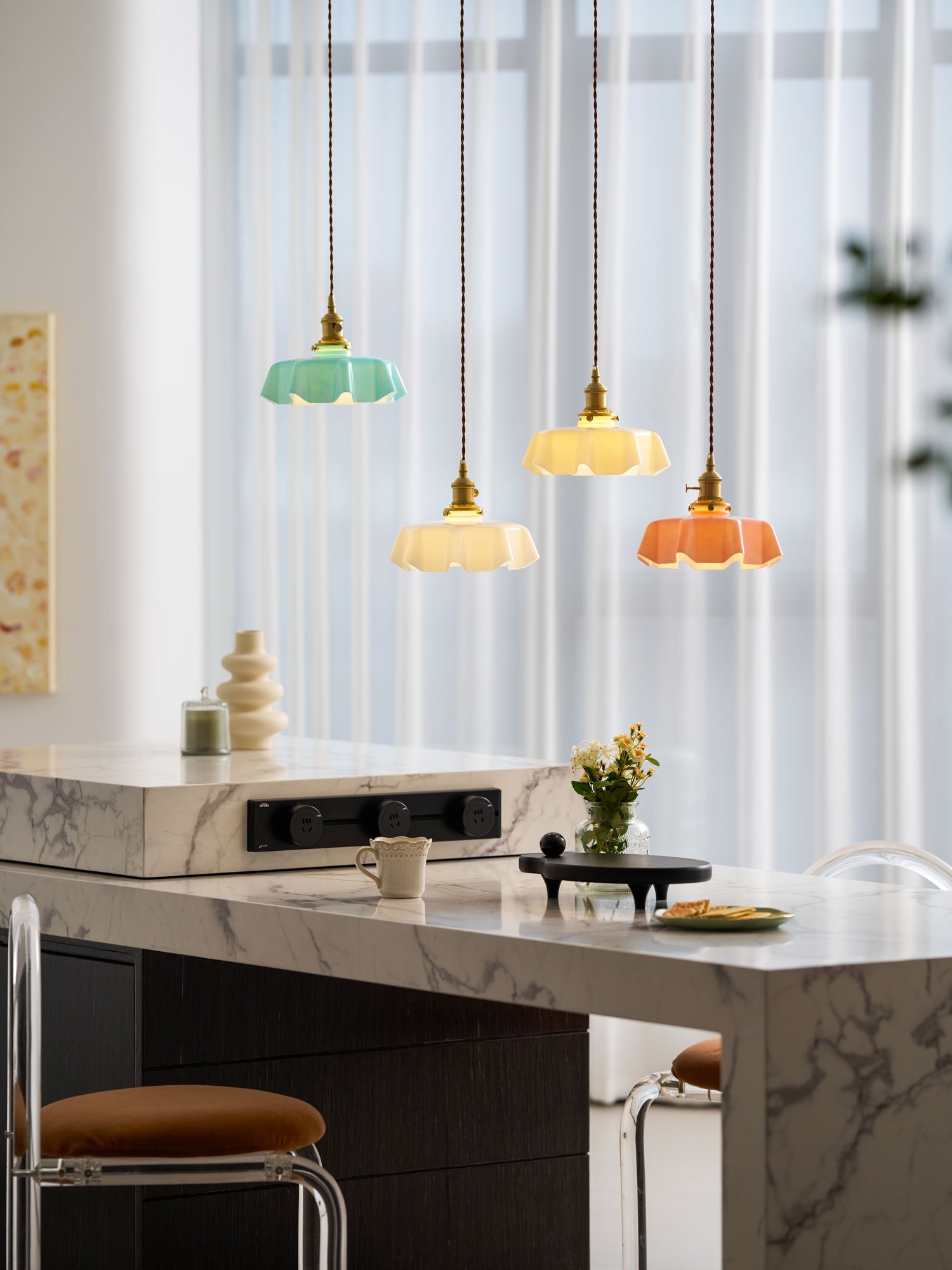 Ceramic Pendant Light 9.8 in x 5.1 in Adjustable Ceiling Indoor White Beige Pink Blue Vintage Lampshade | Thomler