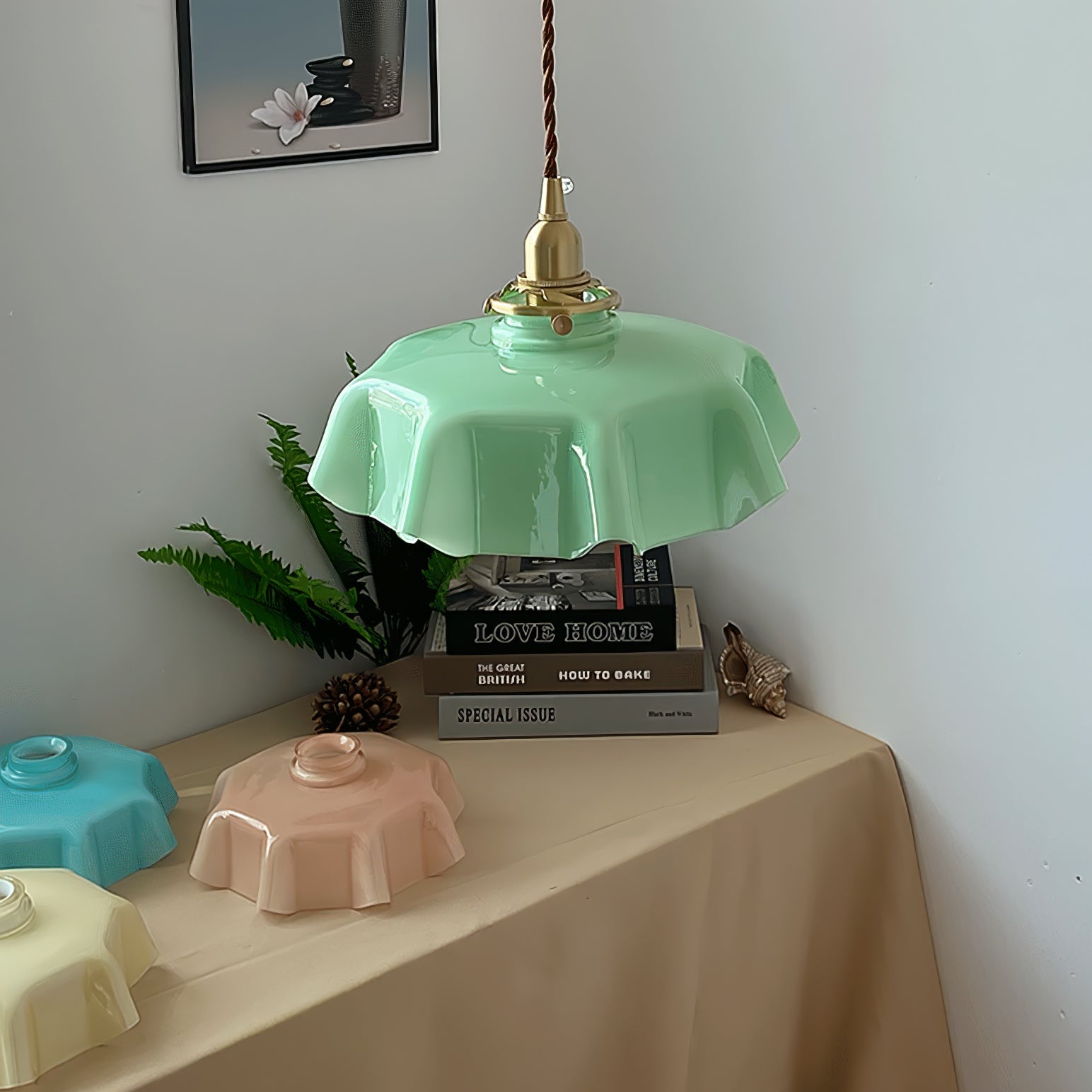 Ceramic Pendant Light 9.8 in x 5.1 in Adjustable Ceiling Indoor White Beige Pink Blue Vintage Lampshade | Thomler