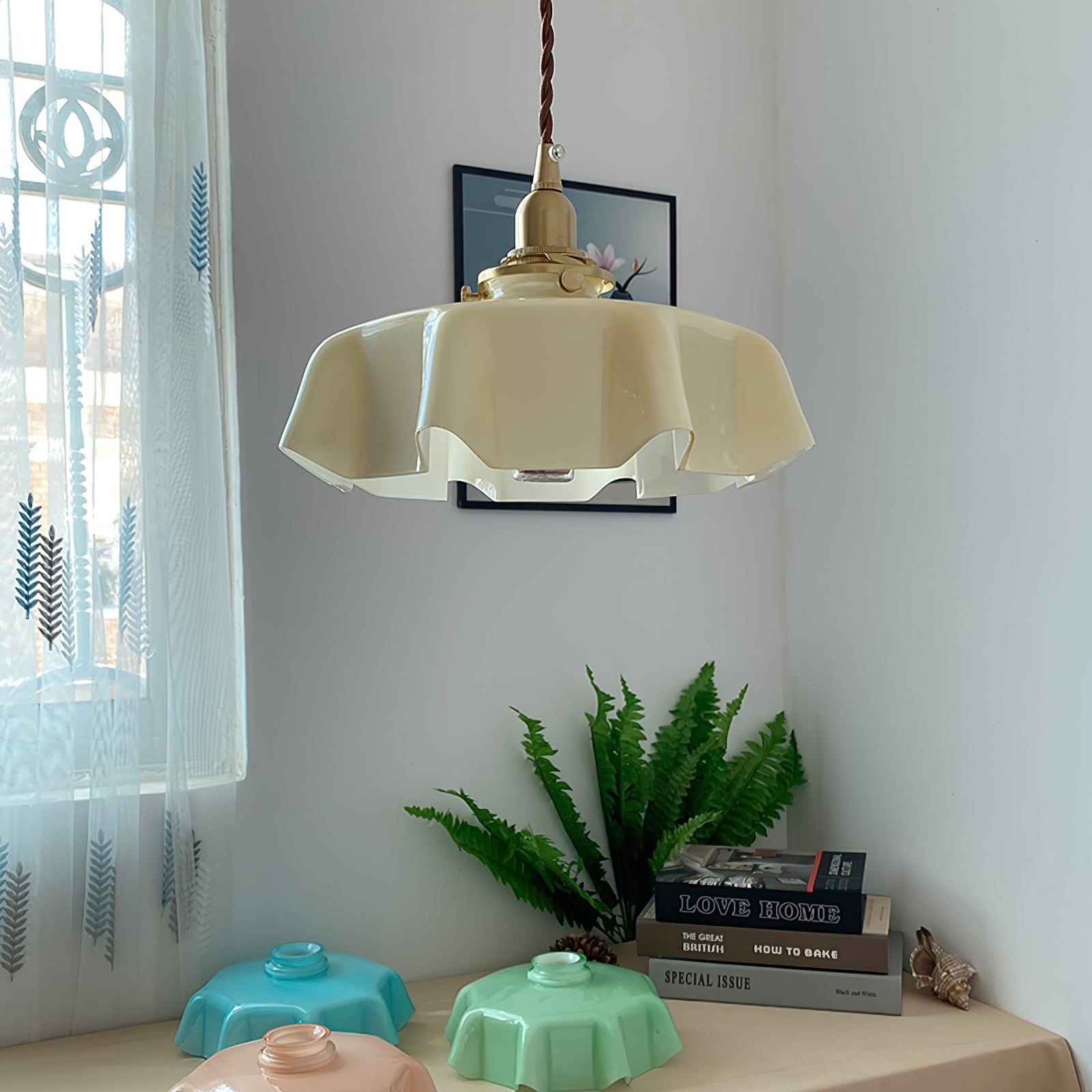 Ceramic Pendant Light 9.8 in x 5.1 in Adjustable Ceiling Indoor White Beige Pink Blue Vintage Lampshade | Thomler