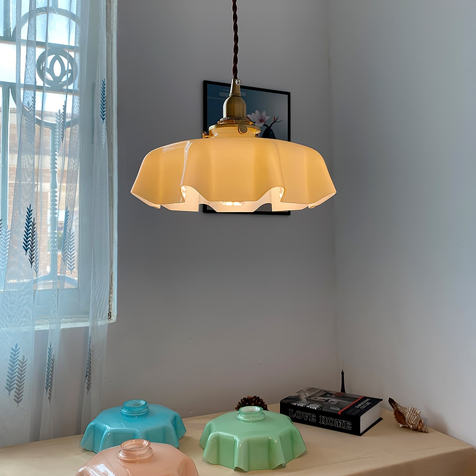 Ceramic Pendant Light 9.8 in x 5.1 in Adjustable Ceiling Indoor White Beige Pink Blue Vintage Lampshade | Thomler