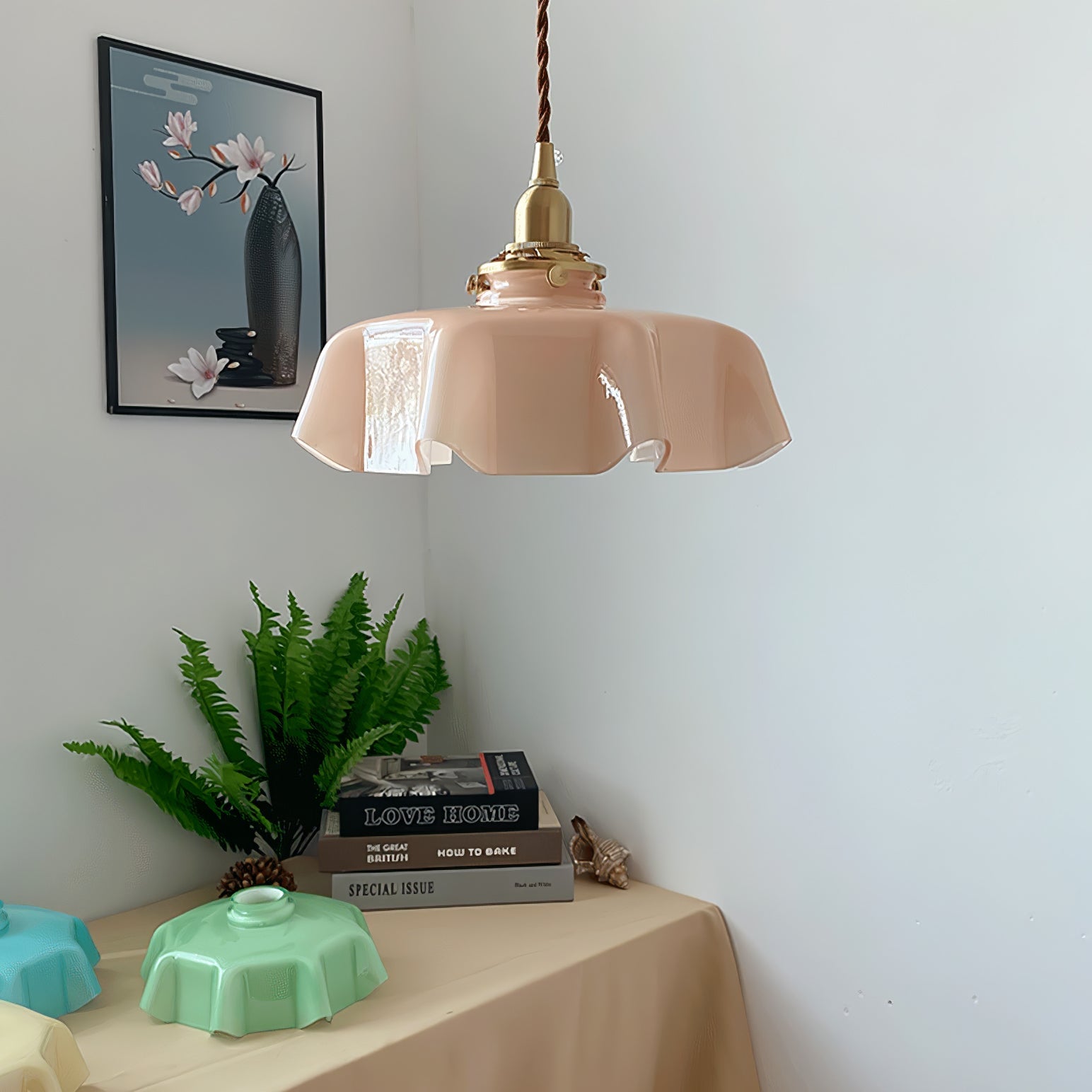 Ceramic Pendant Light 9.8 in x 5.1 in Adjustable Ceiling Indoor White Beige Pink Blue Vintage Lampshade | Thomler