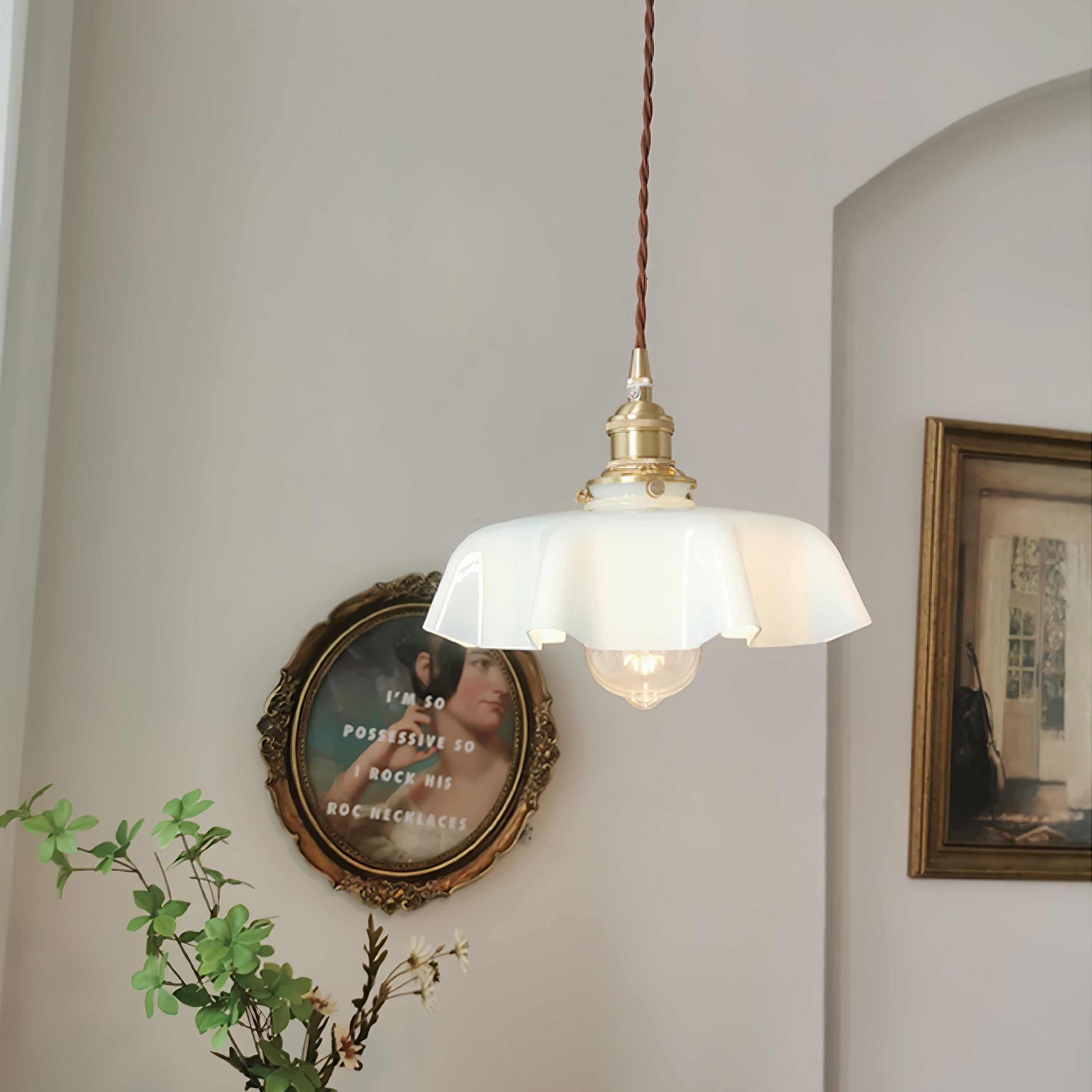 Ceramic Pendant Light 9.8 in x 5.1 in Adjustable Ceiling Indoor White Beige Pink Blue Vintage Lampshade | Thomler