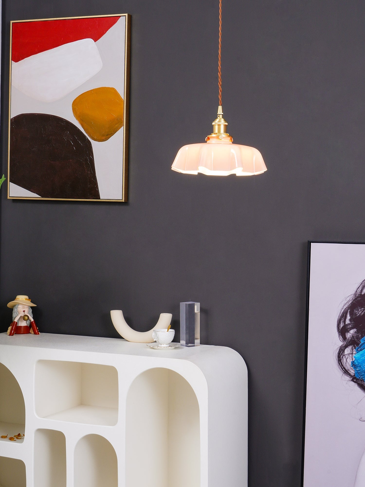 Ceramic Pendant Light 9.8 in x 5.1 in Adjustable Ceiling Indoor White Beige Pink Blue Vintage Lampshade | Thomler