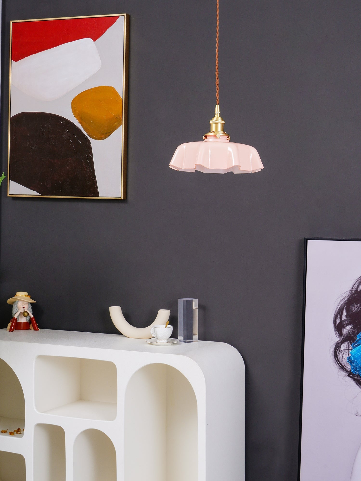 Ceramic Pendant Light 9.8 in x 5.1 in Adjustable Ceiling Indoor White Beige Pink Blue Vintage Lampshade | Thomler