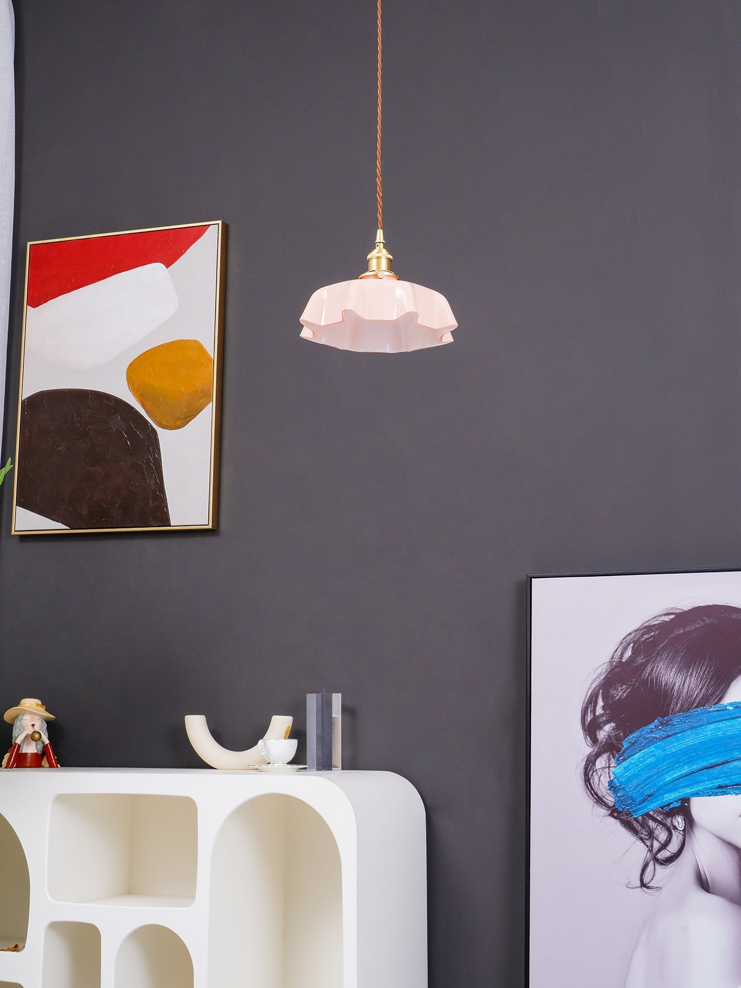 Ceramic Pendant Light 9.8 in x 5.1 in Adjustable Ceiling Indoor White Beige Pink Blue Vintage Lampshade | Thomler