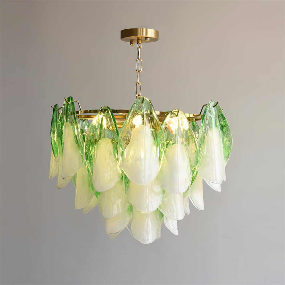 Chandelier Glass Petal 19.6 in Gold Ceiling Light Dining Room Hanging Fixture Artistic Multi Tier Lighting | Thomler